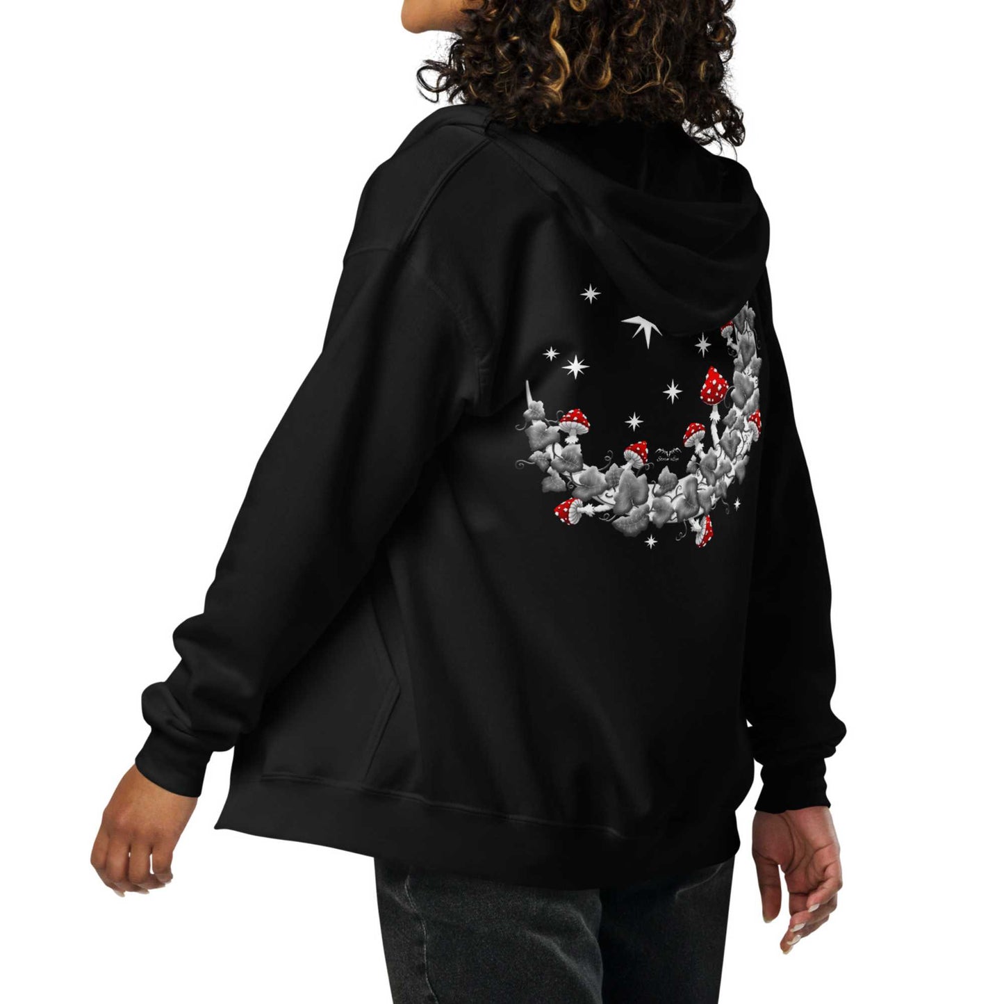 stormseye design mushroom moon back print zip hoodie, modelled view, black