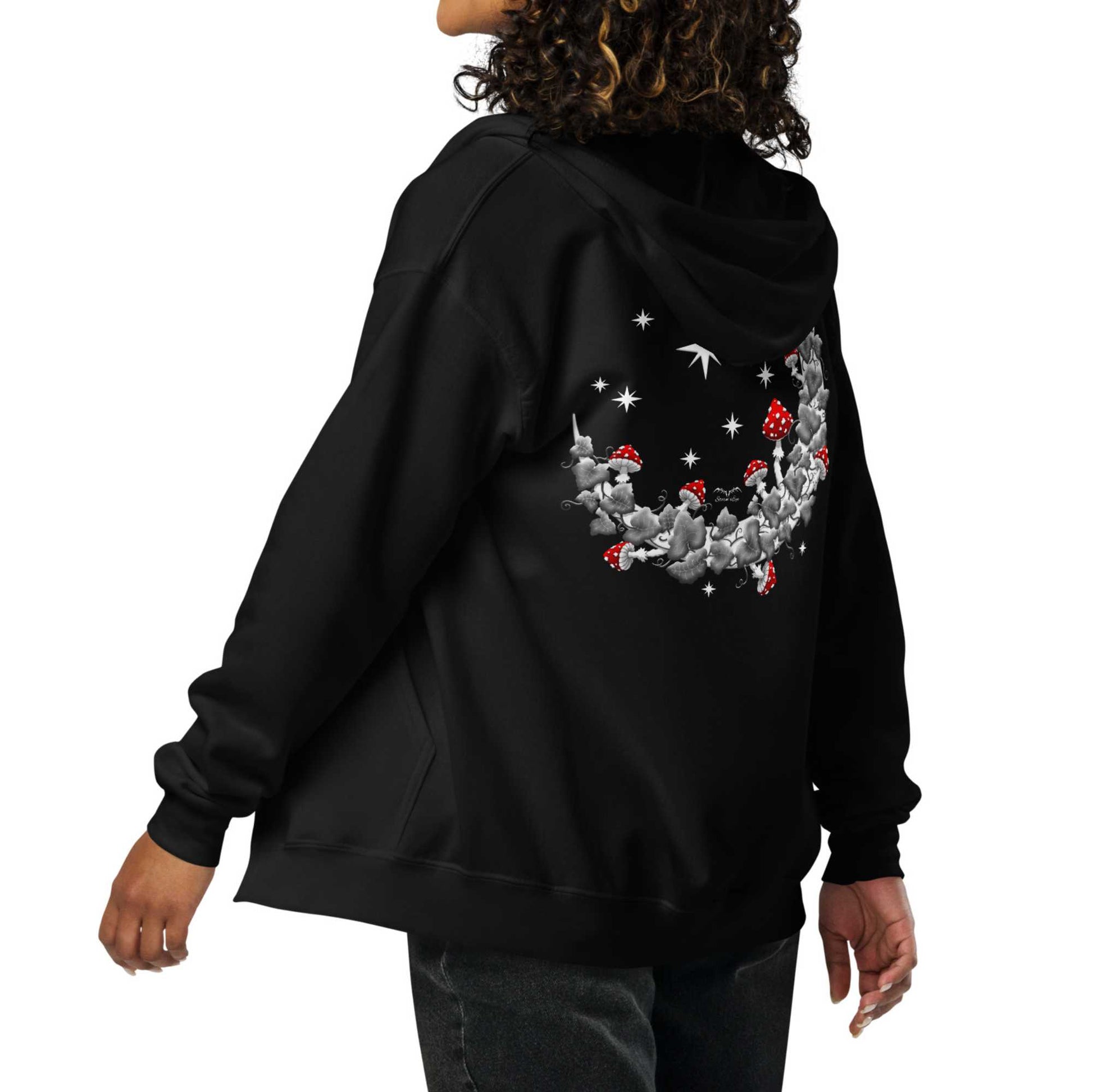stormseye design mushroom moon back print zip hoodie, modelled view, black