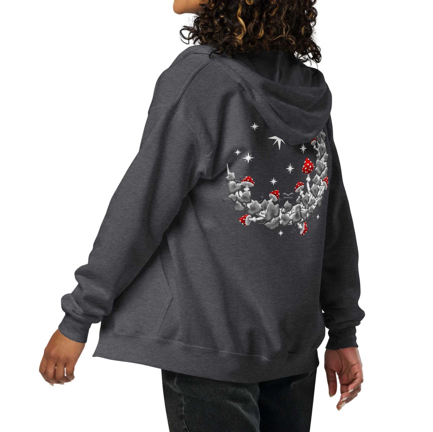 stormseye design mushroom moon back print zip hoodie, modelled view, dark grey