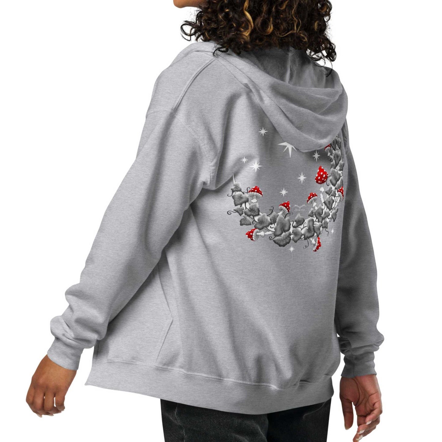 stormseye design mushroom moon back print zip hoodie, modelled view, light grey