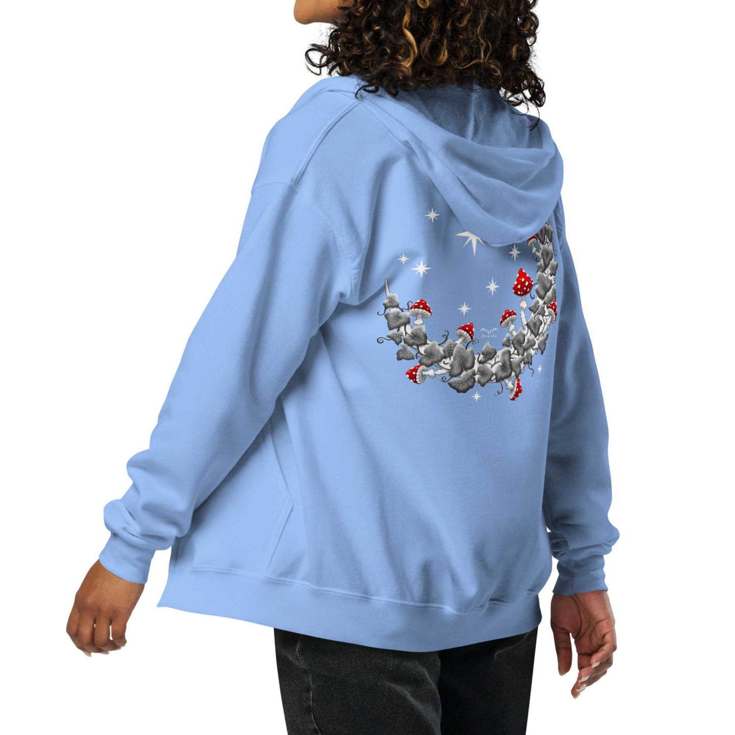stormseye design mushroom moon back print zip hoodie, modelled view, light blue