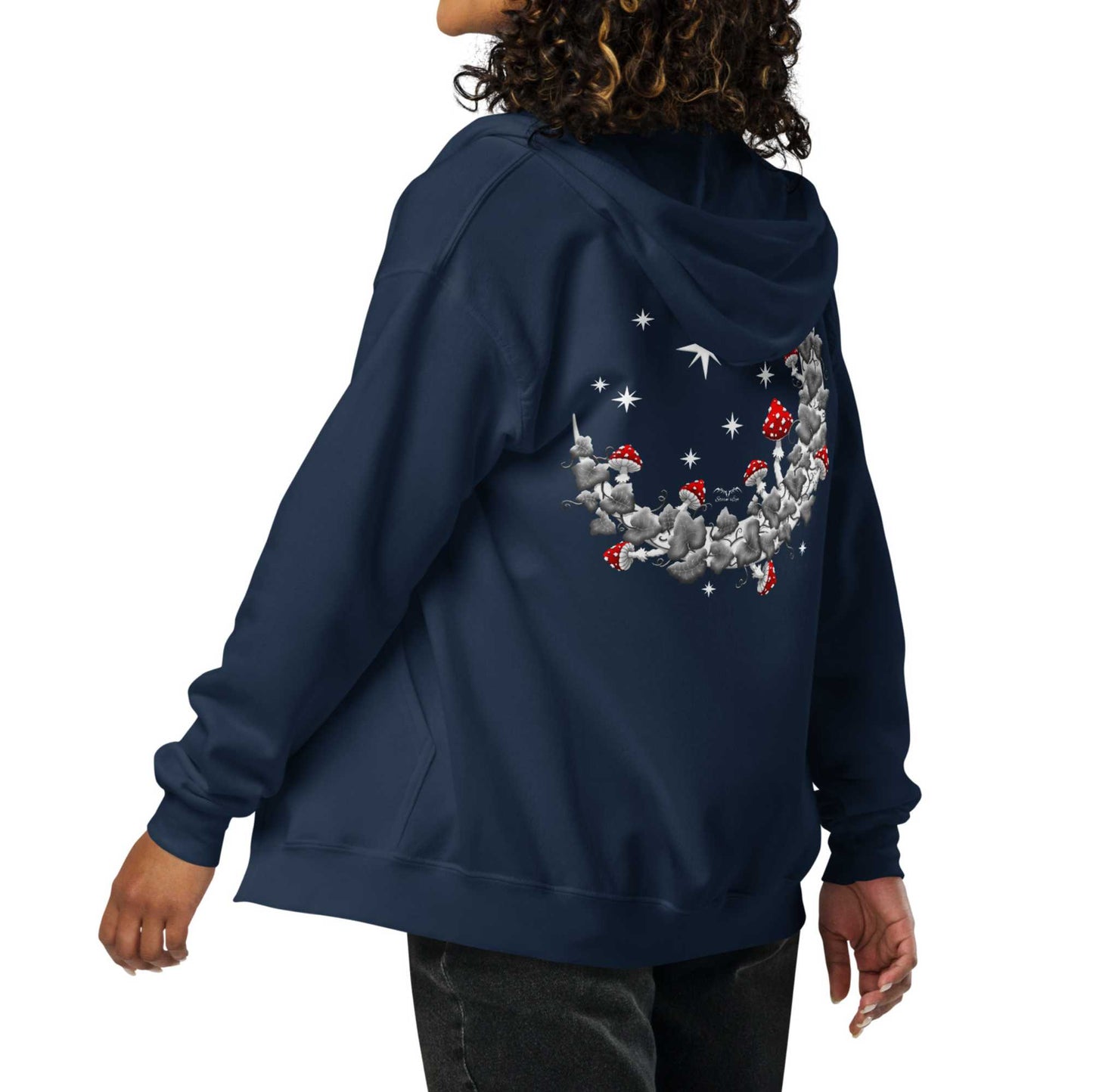 stormseye design mushroom moon back print zip hoodie, modelled view, navy