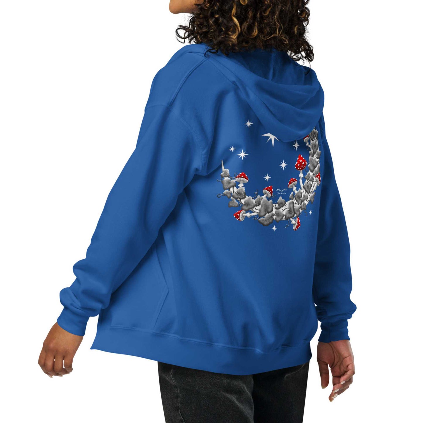 stormseye design mushroom moon back print zip hoodie, modelled view, royal blue