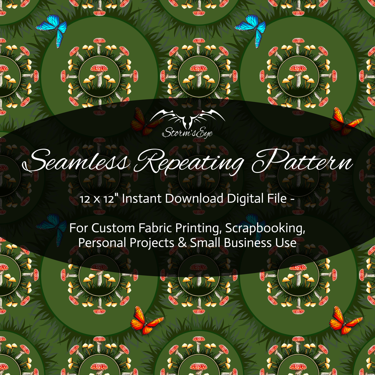 Mushrooms and butterflies green seamless repeat pattern instant download by Stormseye Design