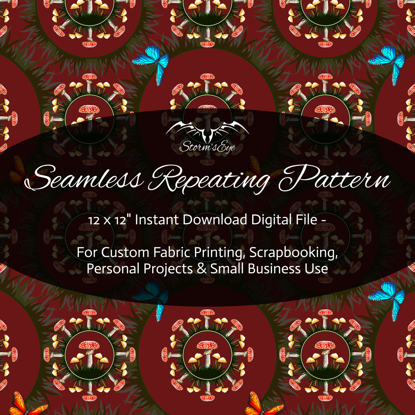 mushrooms and butterflies cottagecore style seamless repeat pattern instant download by Stormseye Design