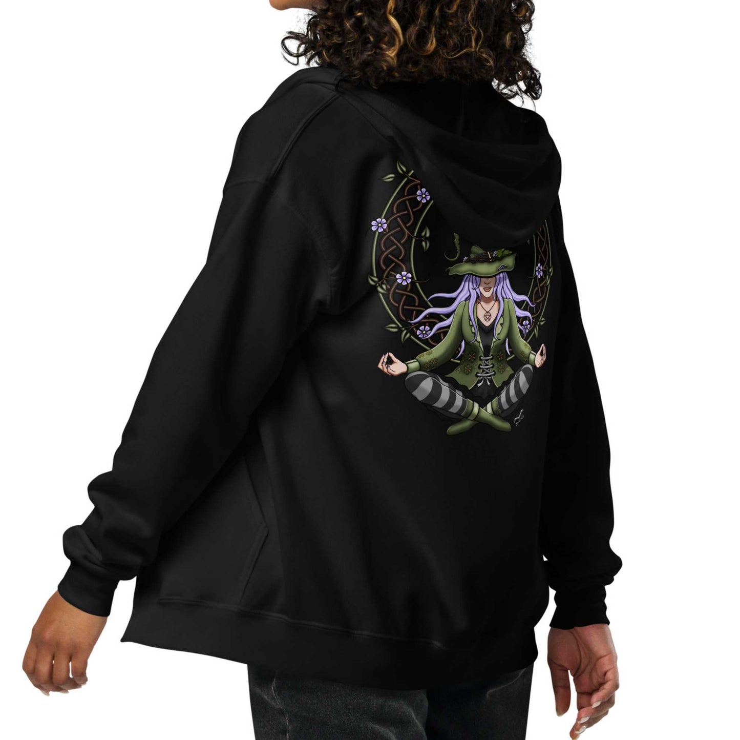 stormseye design hedge witch back print zip hoodie, back modelled view, black