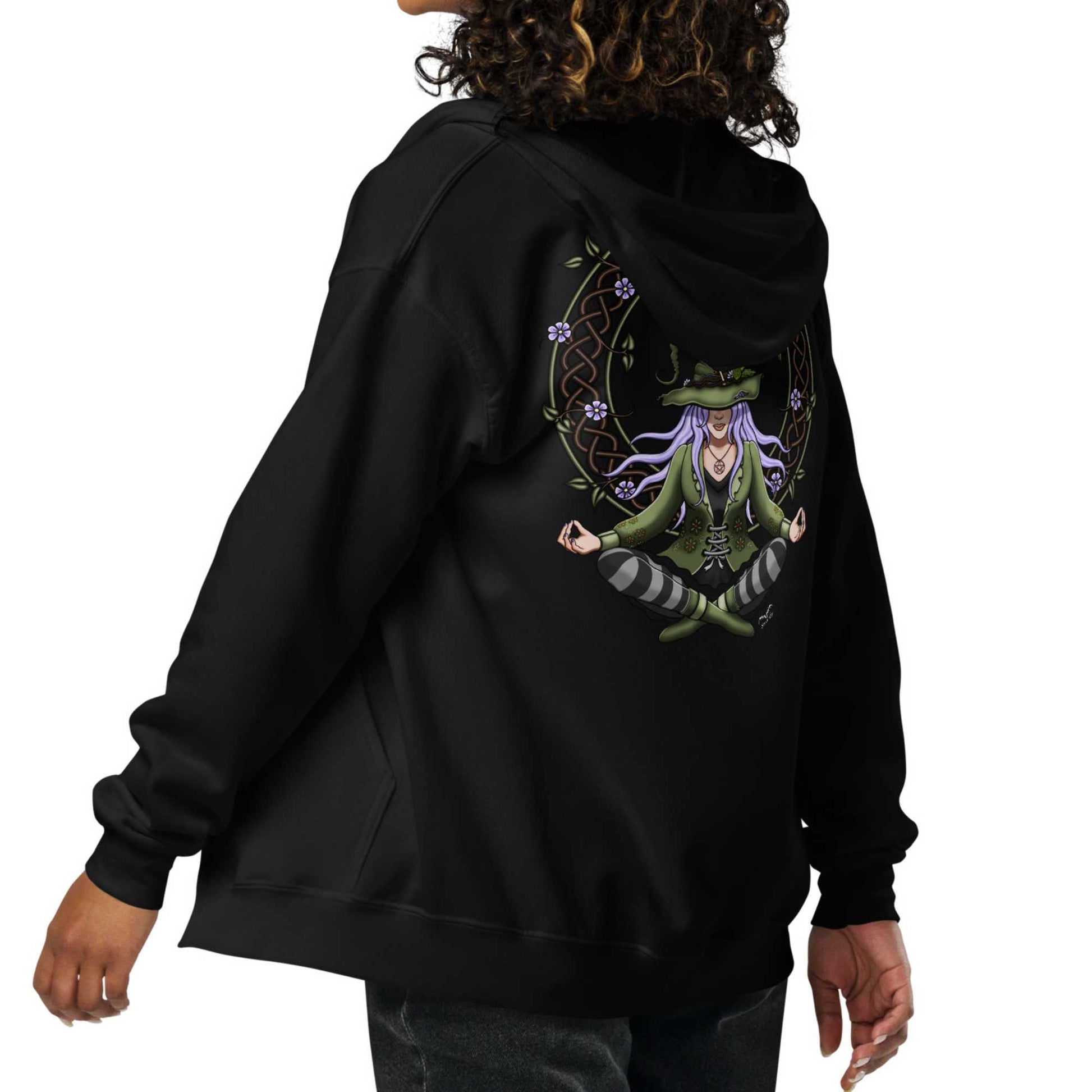 stormseye design hedge witch back print zip hoodie, back modelled view, black