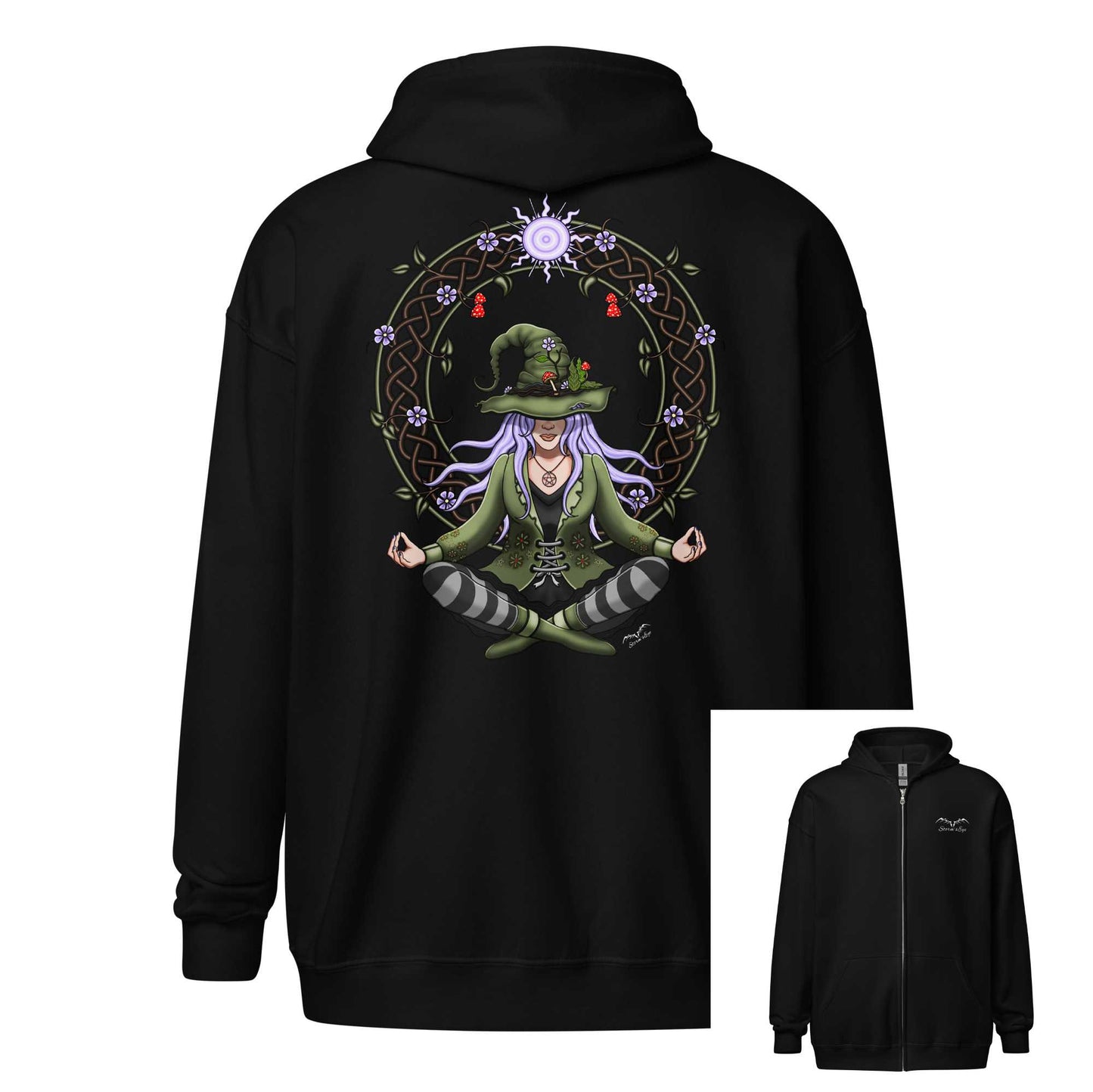 stormseye design hedge witch back print zip hoodie, flat view, black