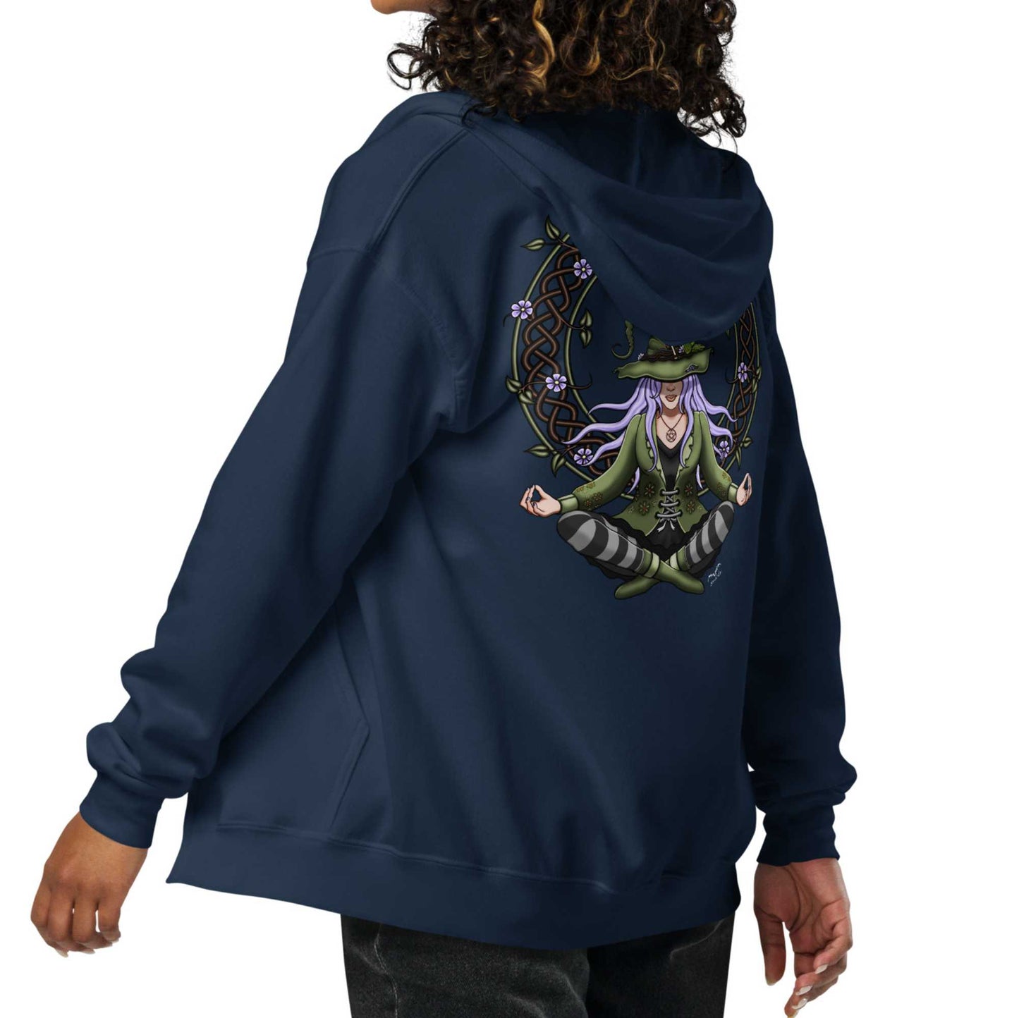 stormseye design hedge witch back print zip hoodie, back modelled view, navy