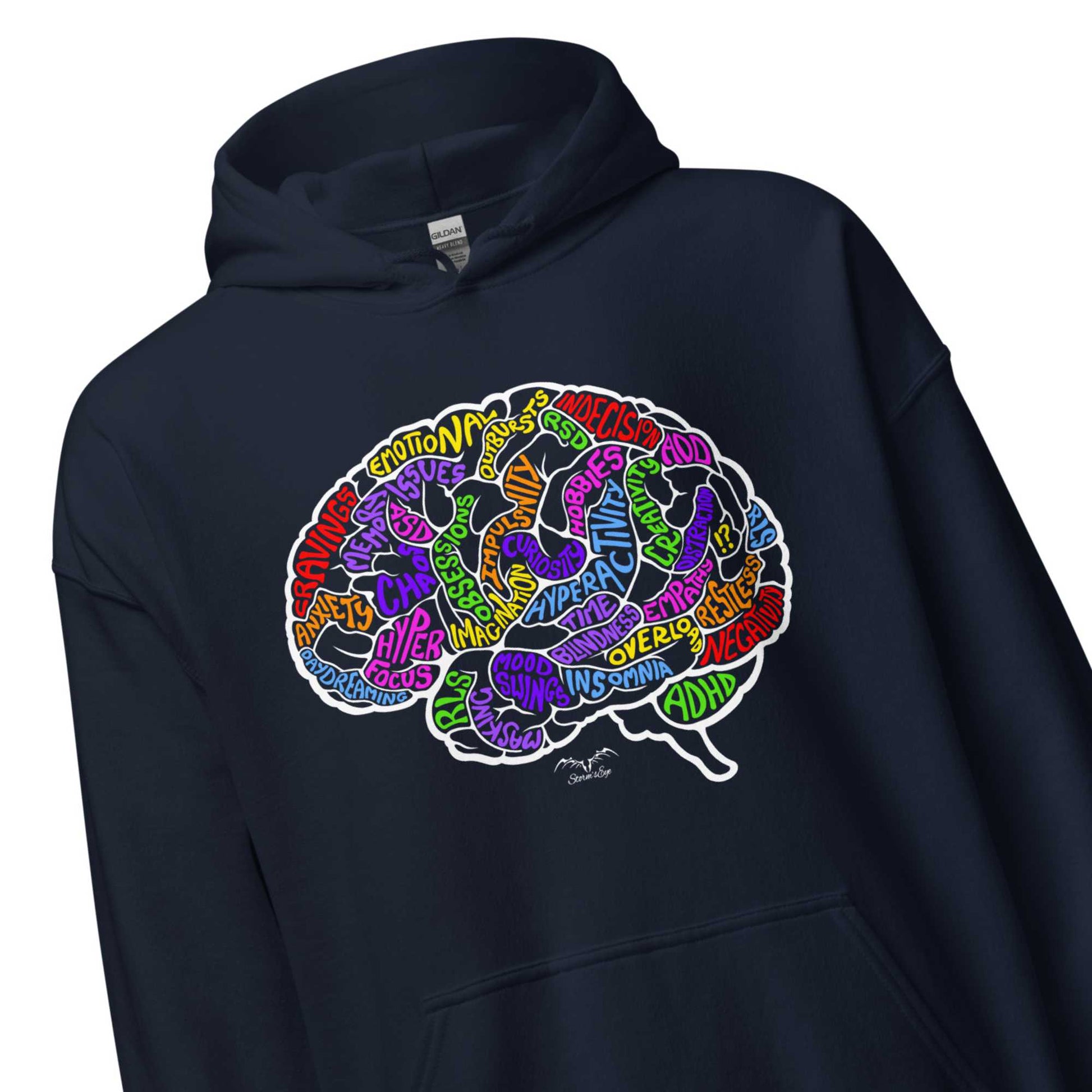 ADHD brain symptoms Hoodie by Stormseye Design navy blue zoom view