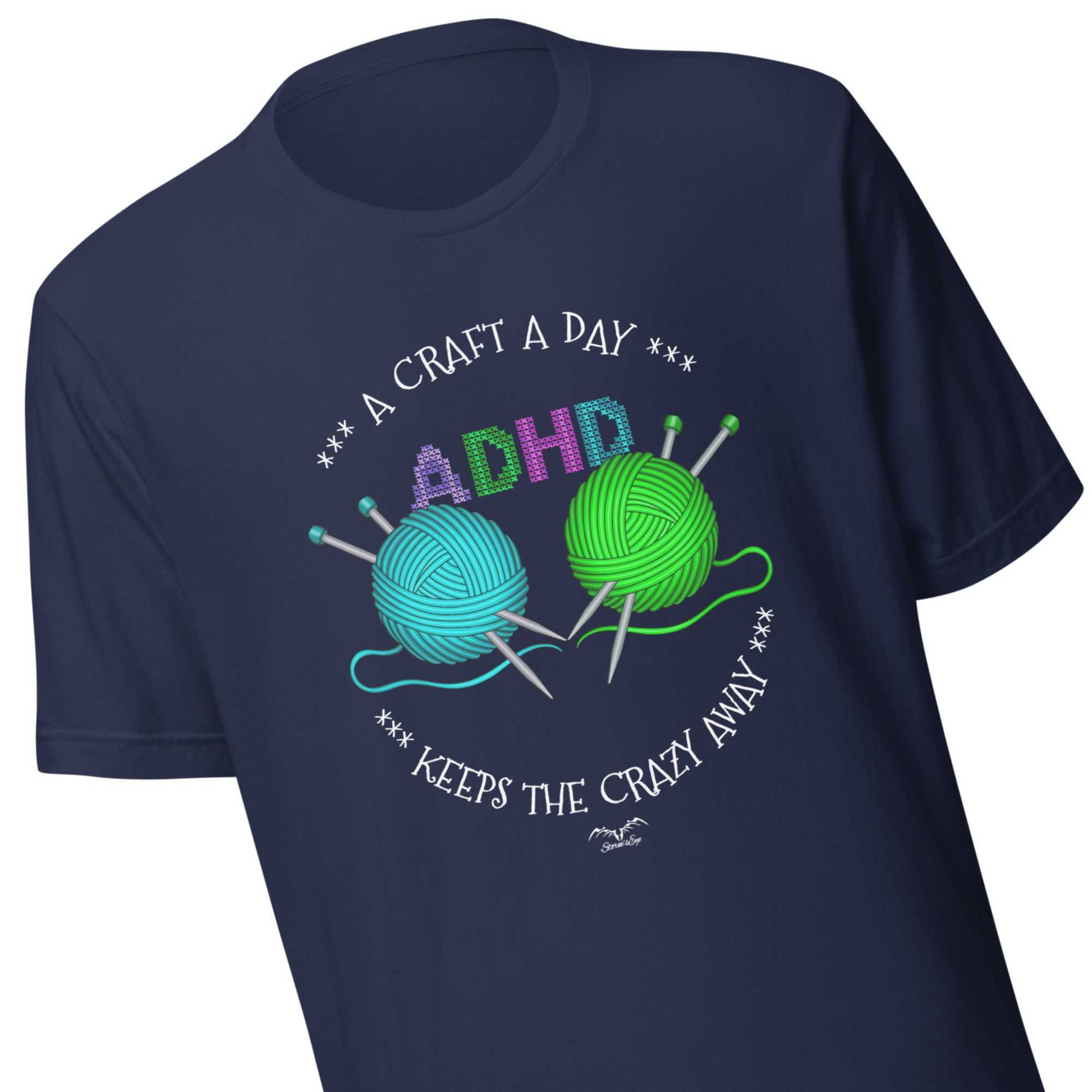 ADHD Crafting T-shirt by Stormseye. Navy blue, zoom view