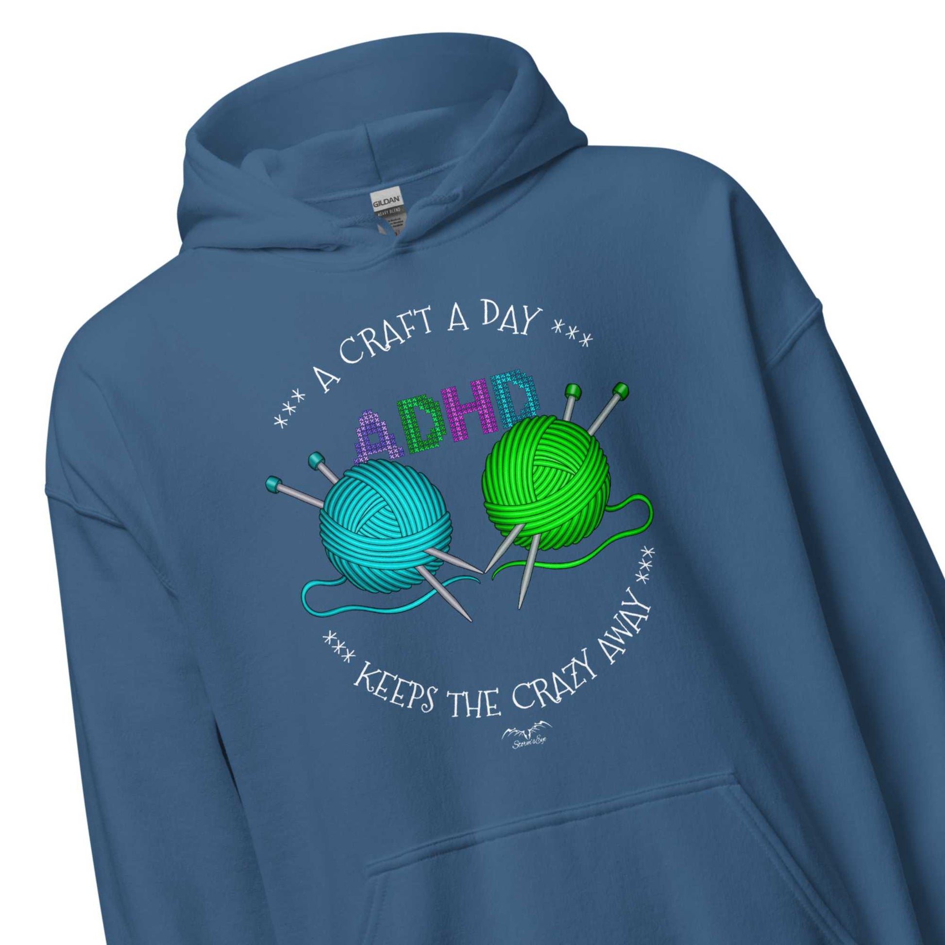 ADHD crafting hoodie by Stormseye Design blue, zoom view