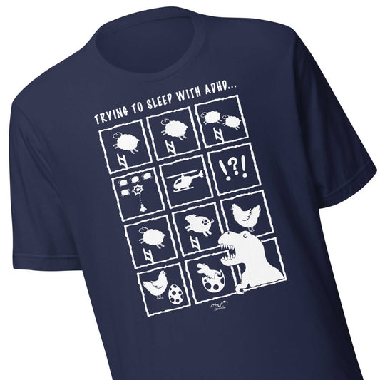 ADHD insomnia t-shirt by Stormseye, navy blue, zoom view