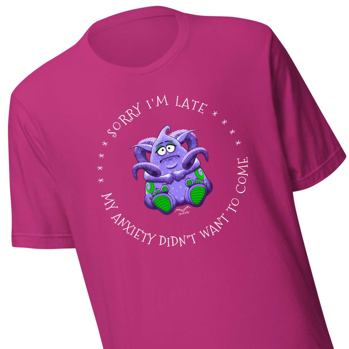 Anxiety Monster T-shirt by Stormseye. Bright pink, zoom view.