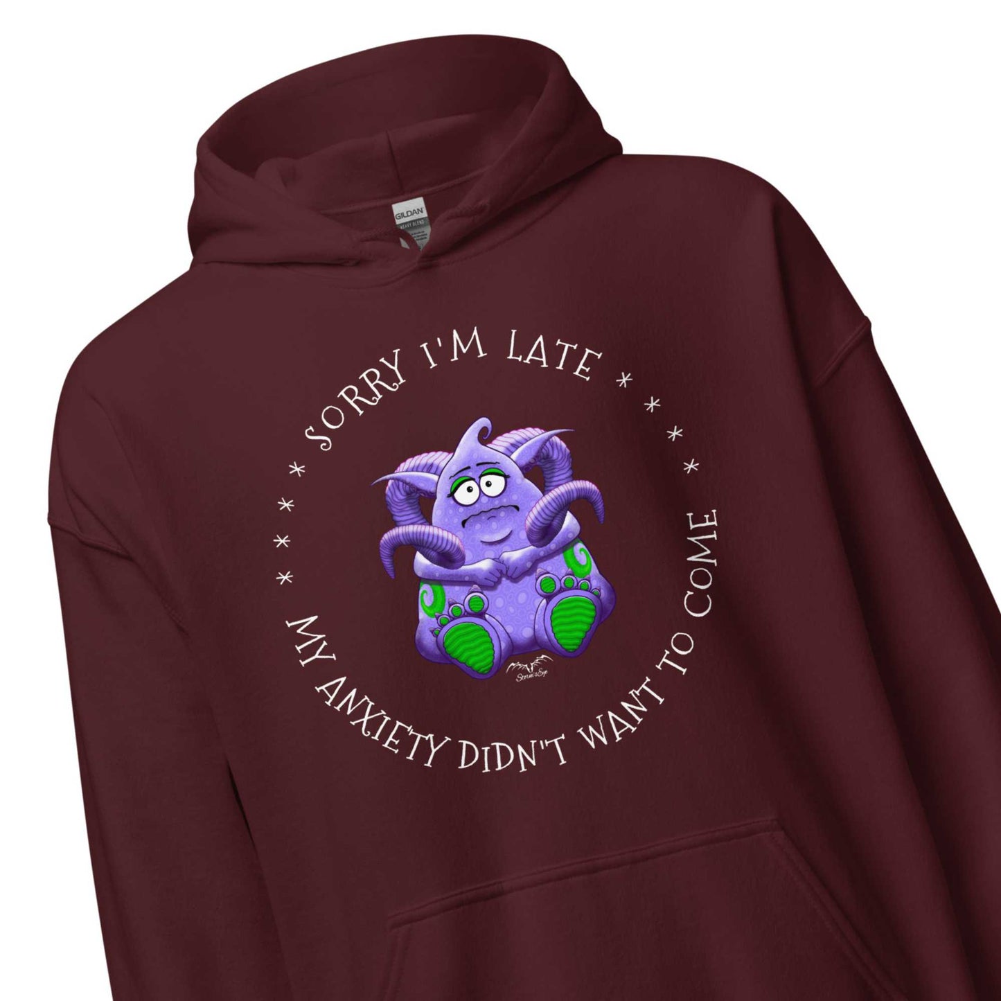 anxiety monster hoodie by stormseye design, wine red, zoom view