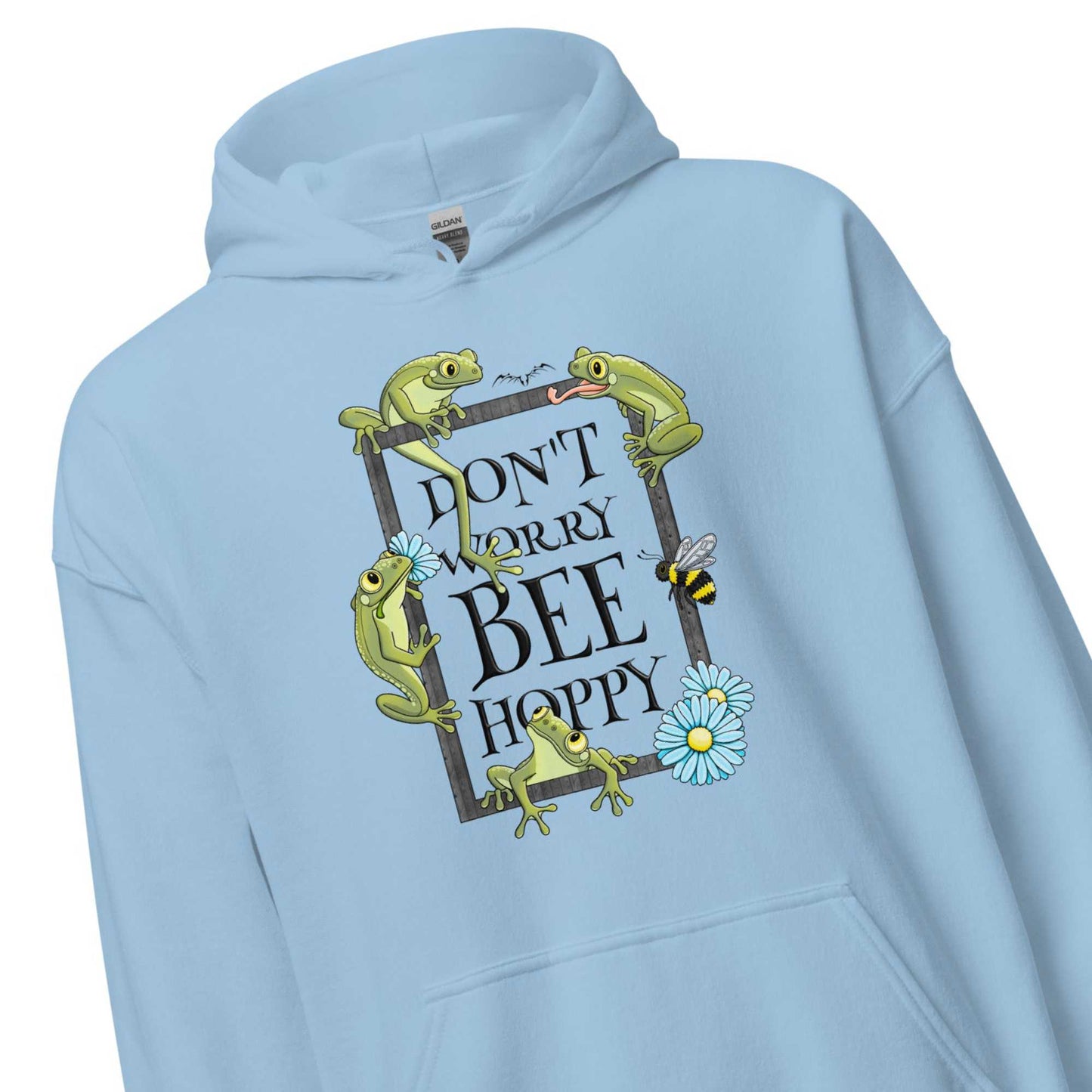 stormseye design bee happy frog hoodie detail view blue