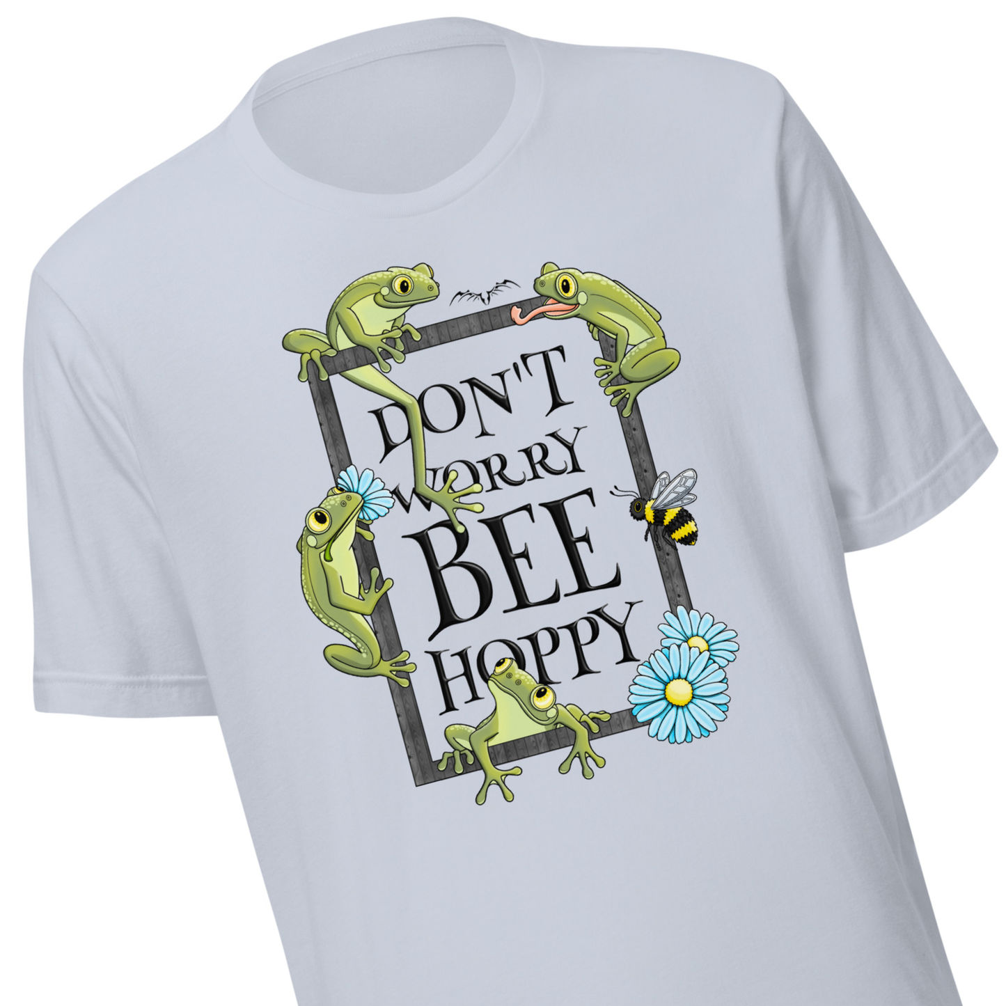 stormseye design don’t worry bee hoppy T shirt, detail view pale blue