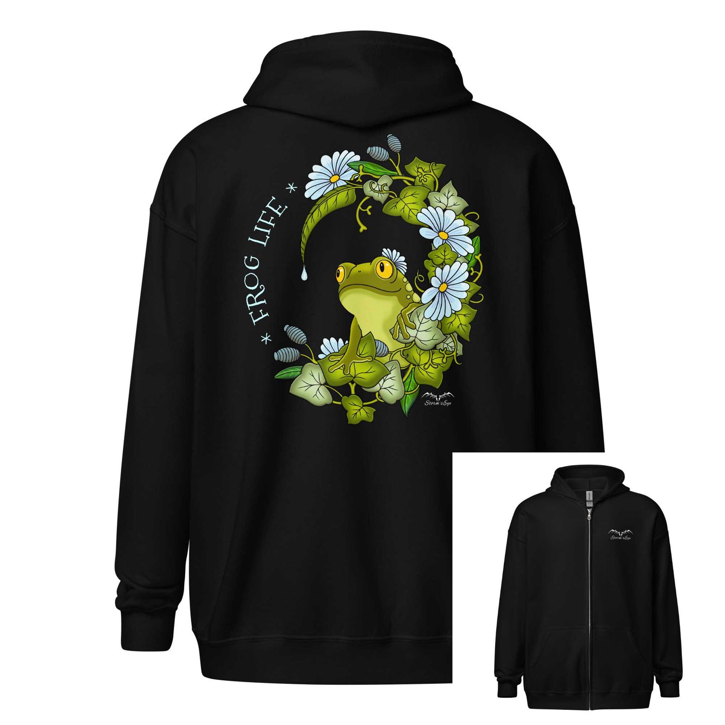 stormseye design frog life back print hoodie flat view black