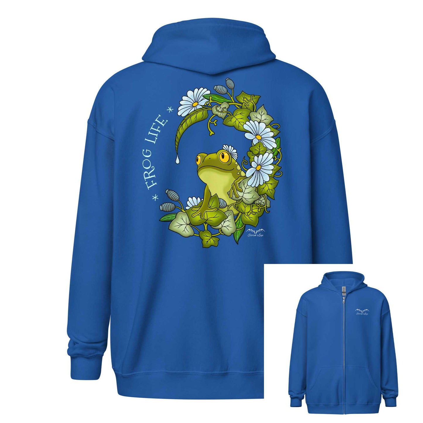 stormseye design frog life back print hoodie flat view royal blue