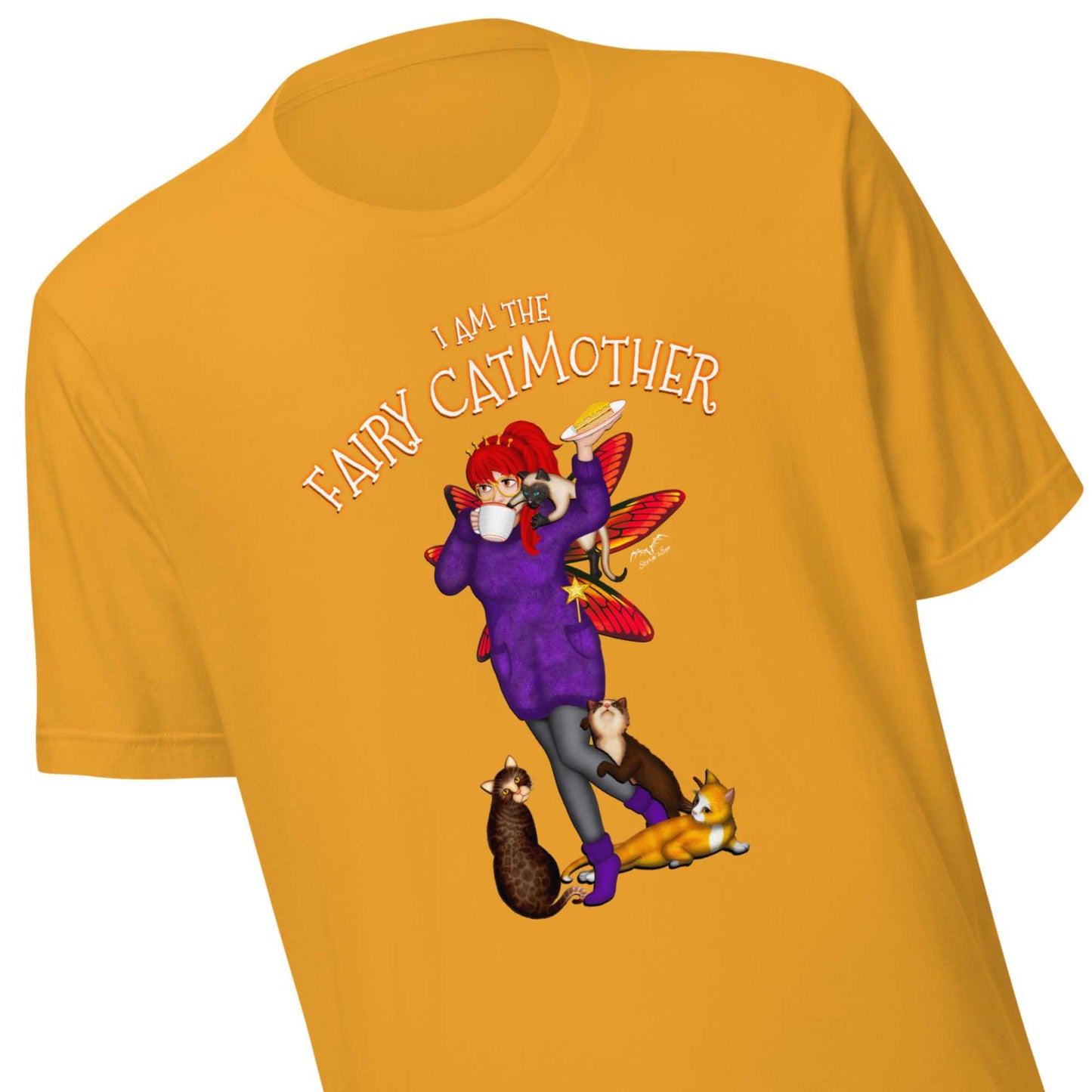 Fairy Cat mother shirt by Stormseye, mustard yellow, zoom view