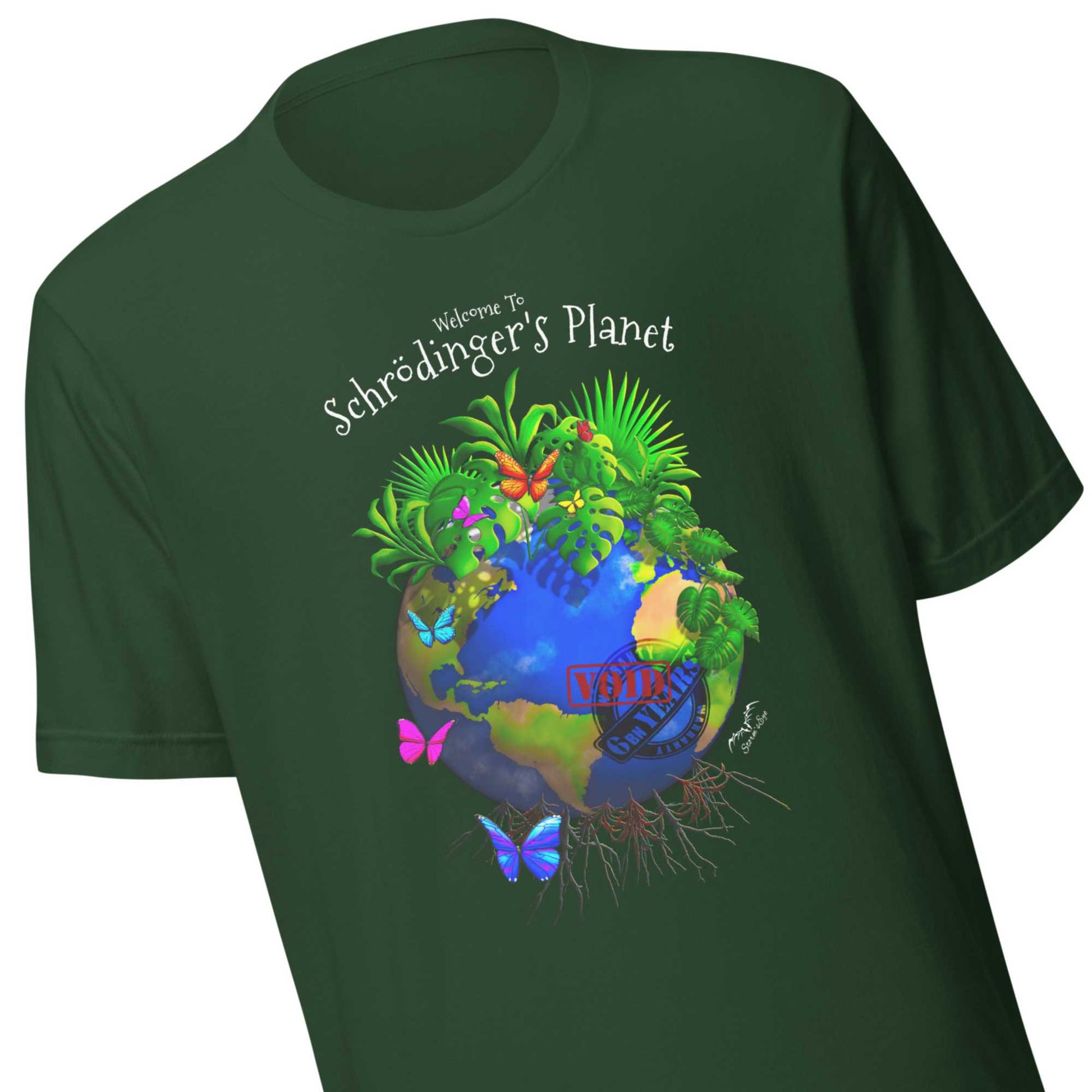 Schrodinger's Planet climate change shirt by Stormseye, dark green, zoom view