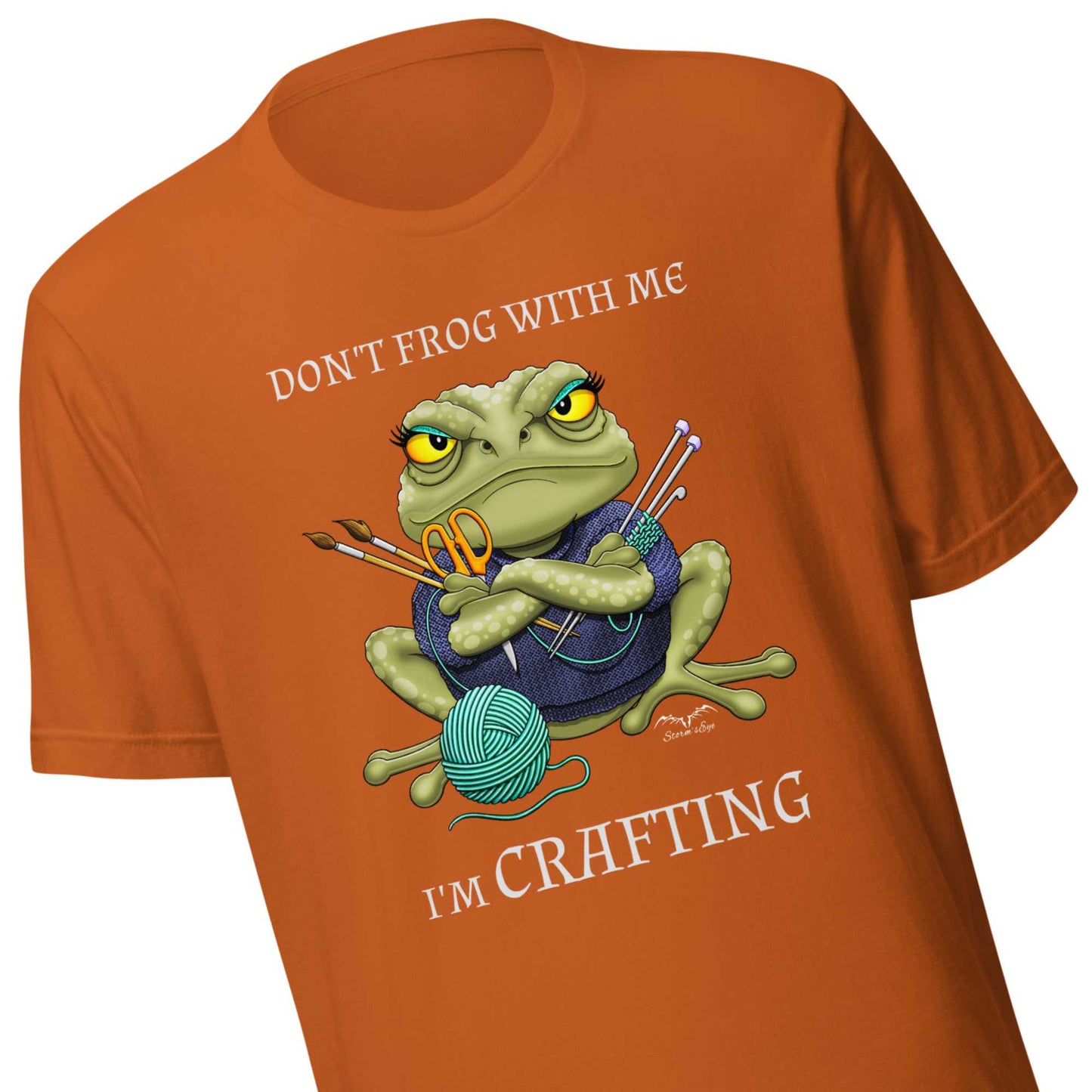 stormseye design crafting frog T shirt, detail view orange