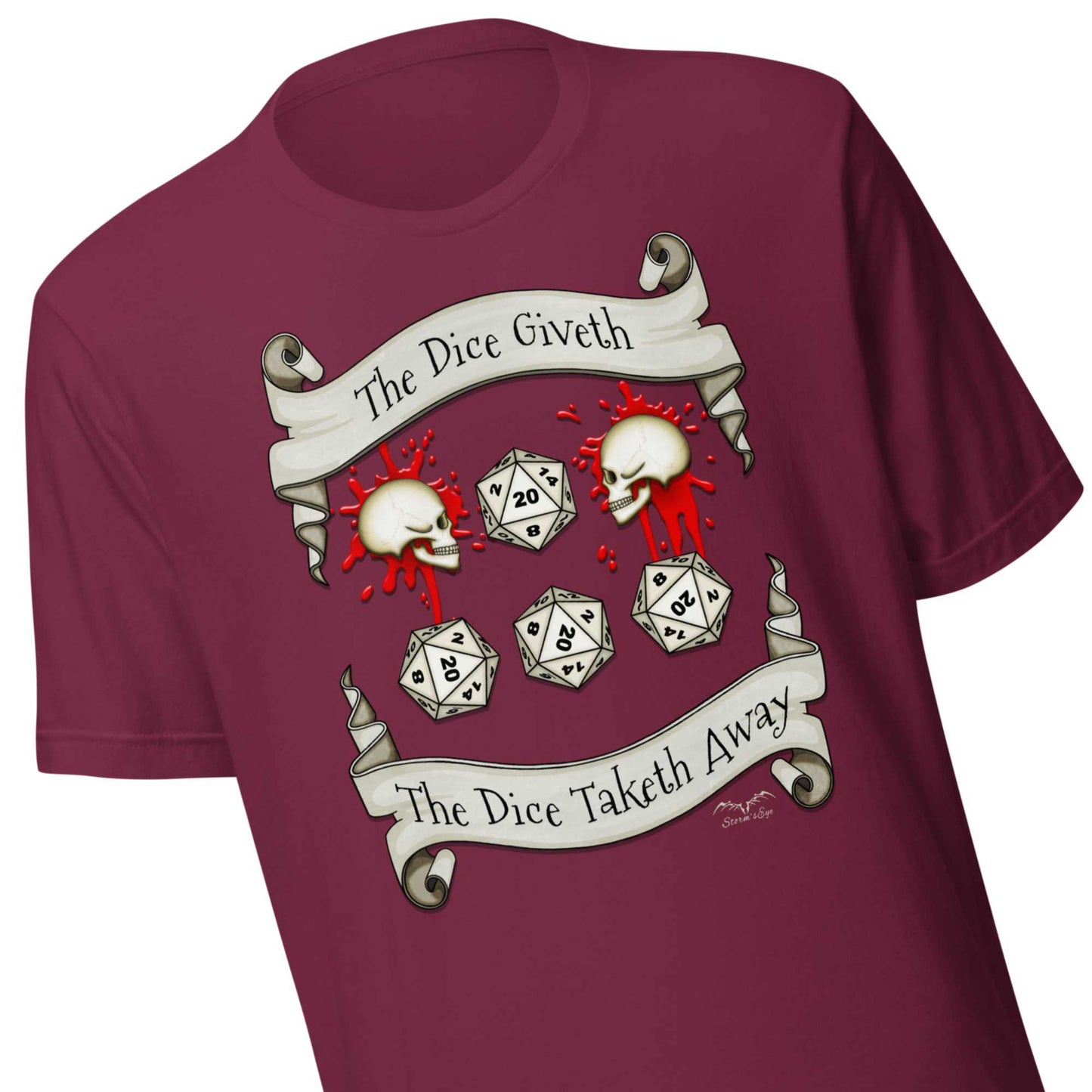 Dungeons and dragons D20 dice roll t-shirt wine red zoom by stormseye design