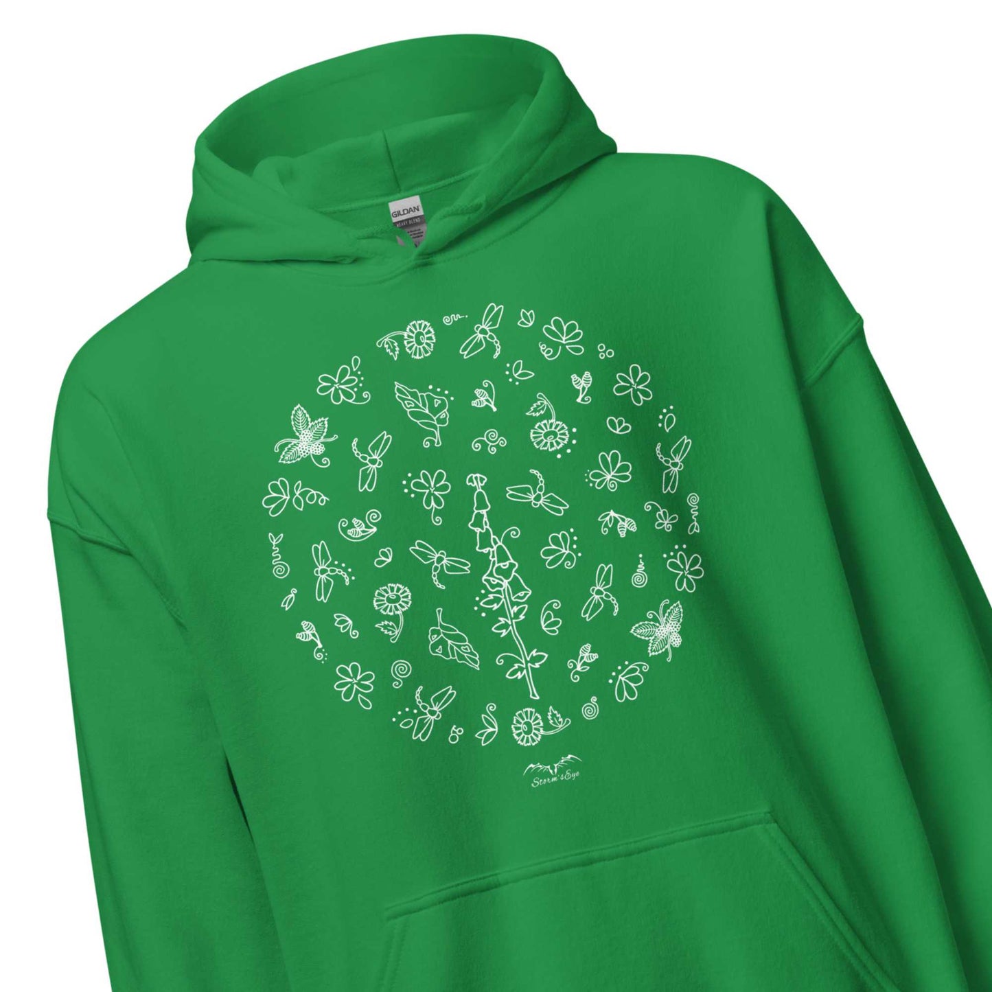 Pretty Dragonflies hoodie by Stormseye, bright green, zoom view