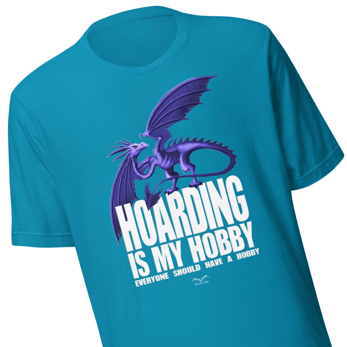 Dragon hoarder shirt by Stormseye, bright blue, zoom view