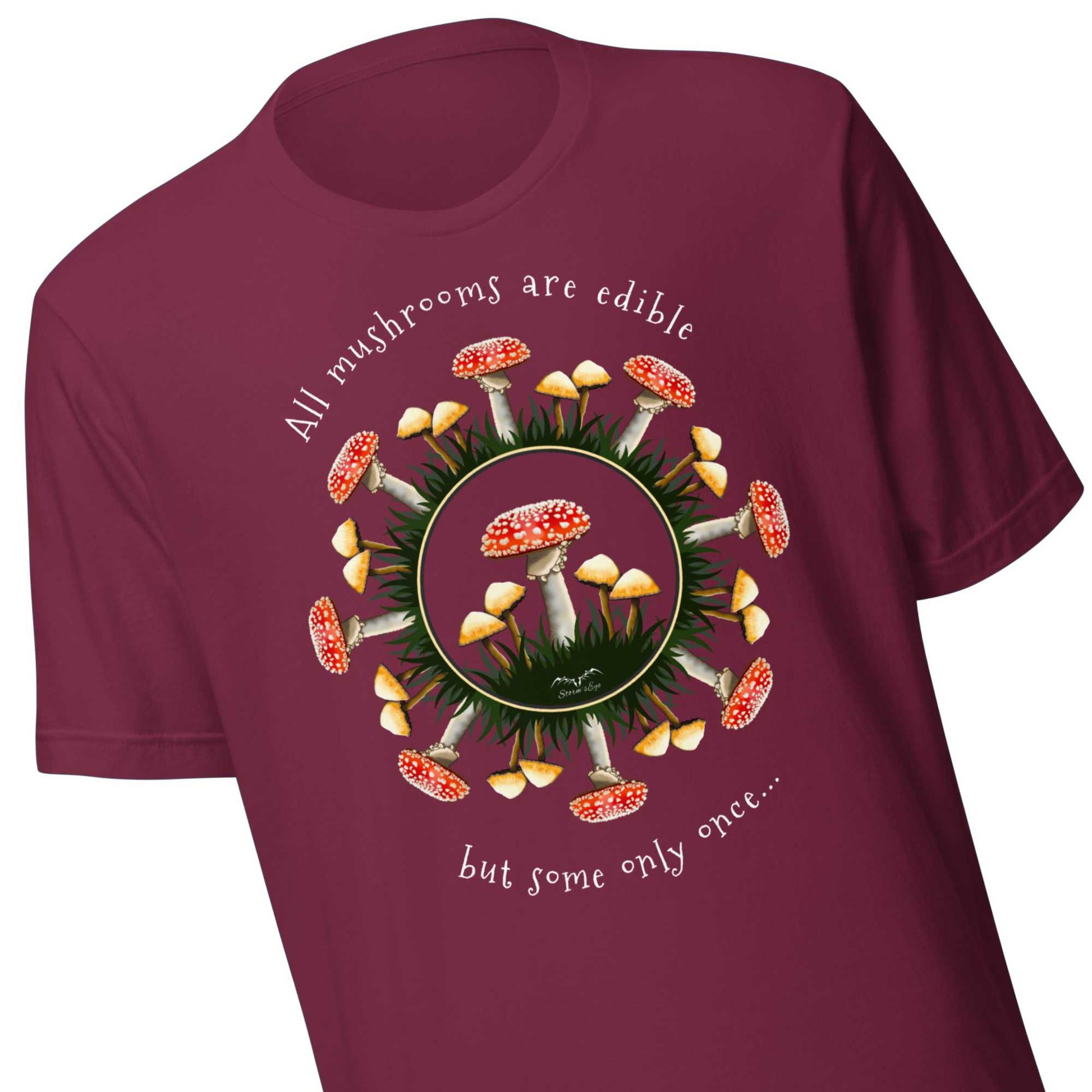 Edible Mushrooms T-shirt by Stormseye, wine red, zoom view