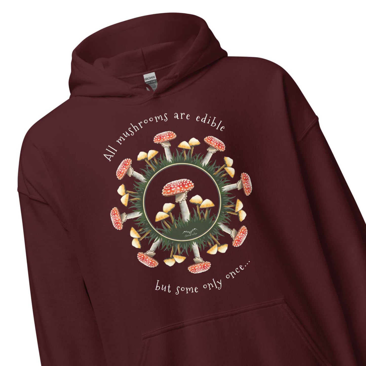 edible mushrooms hoodie by stormseye, wine red, zoom view