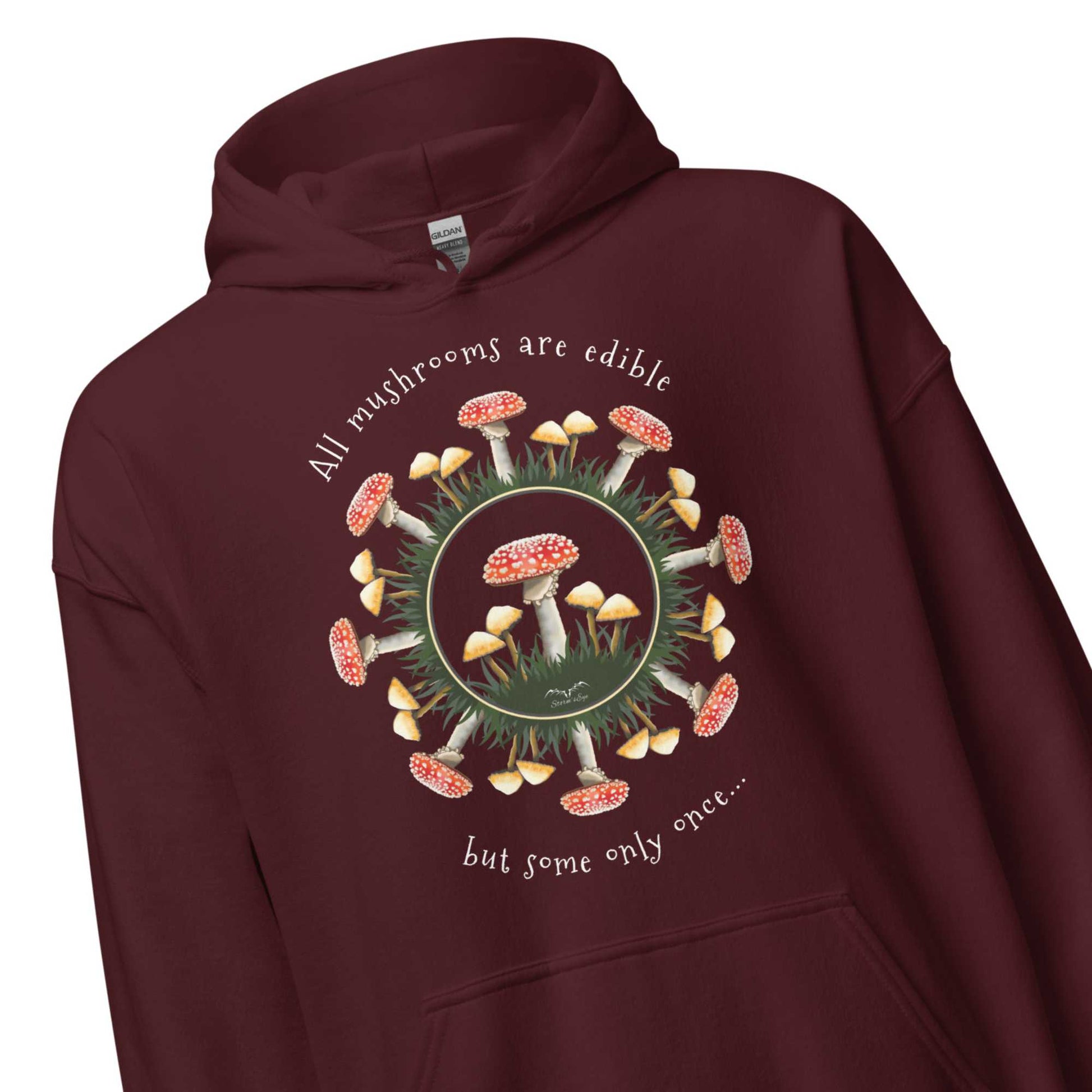 edible mushrooms hoodie by stormseye, wine red, zoom view