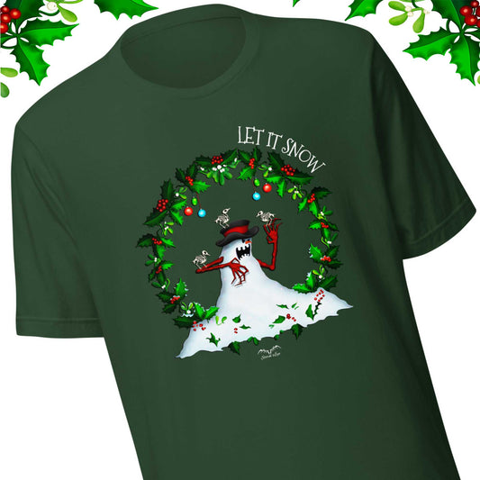 stormseye design evil snowman alternative christmas T shirt, detail view forest green
