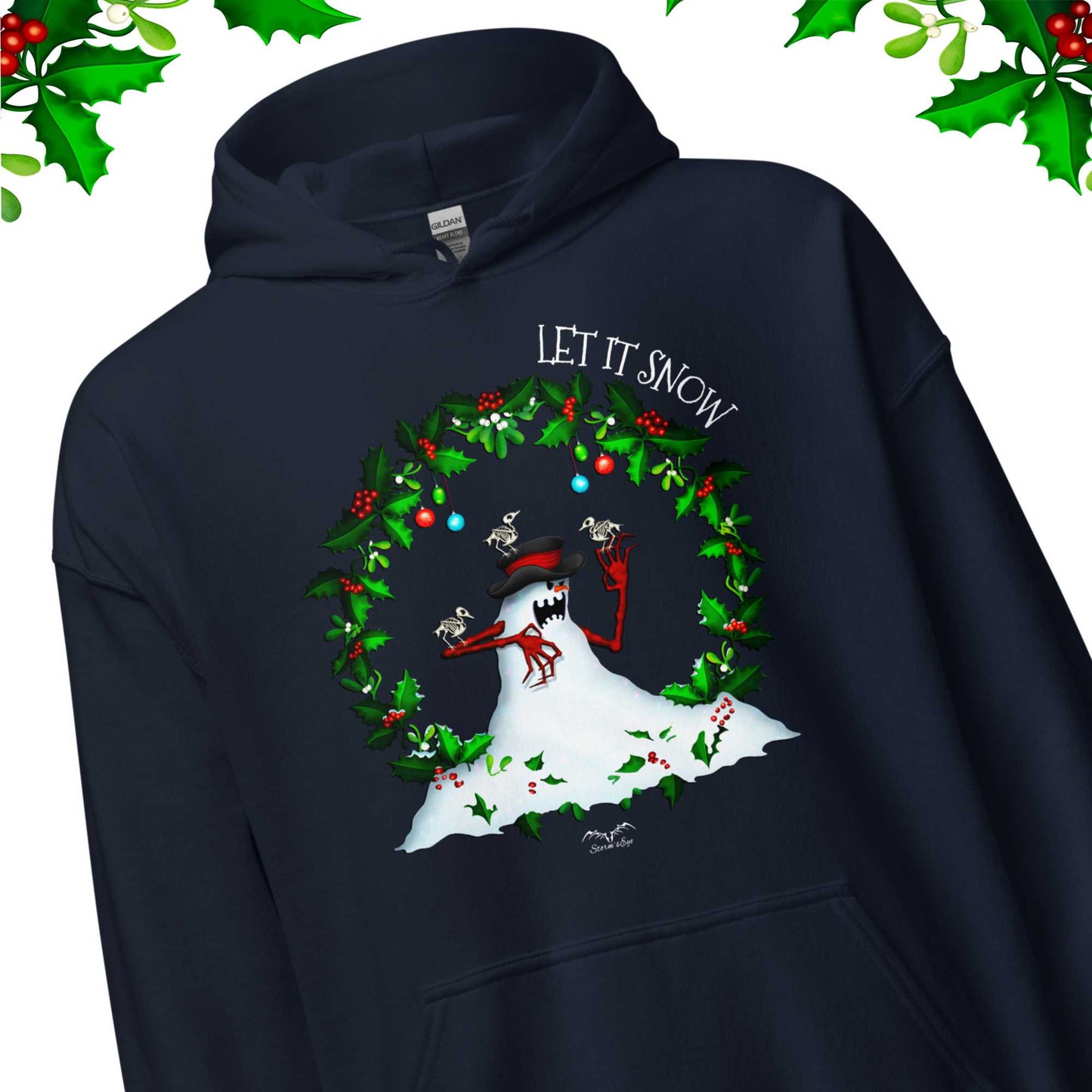 stormseye design evil snowman christmas hoodie detail view navy blue