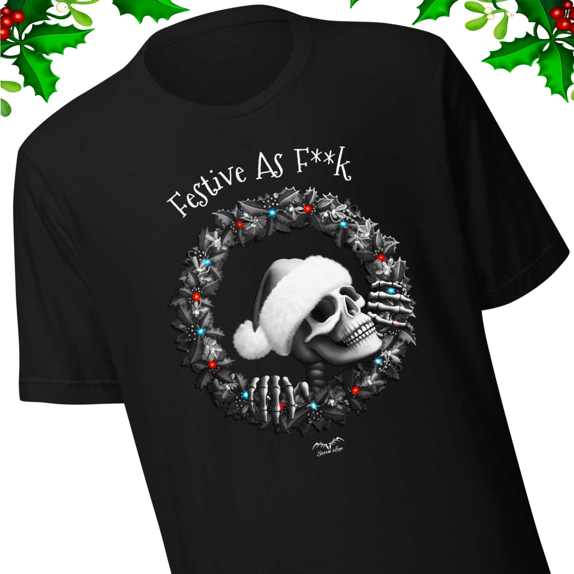 stormseye design festive AF mature gothic christmas T shirt, detail view black