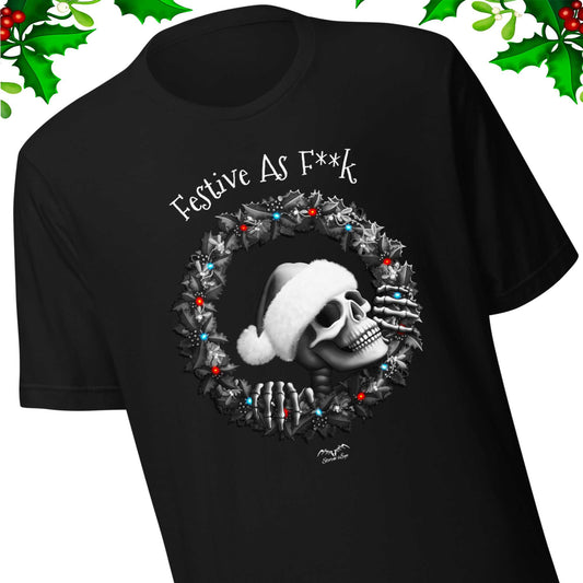 stormseye design festive AF mature gothic christmas T shirt, detail view black