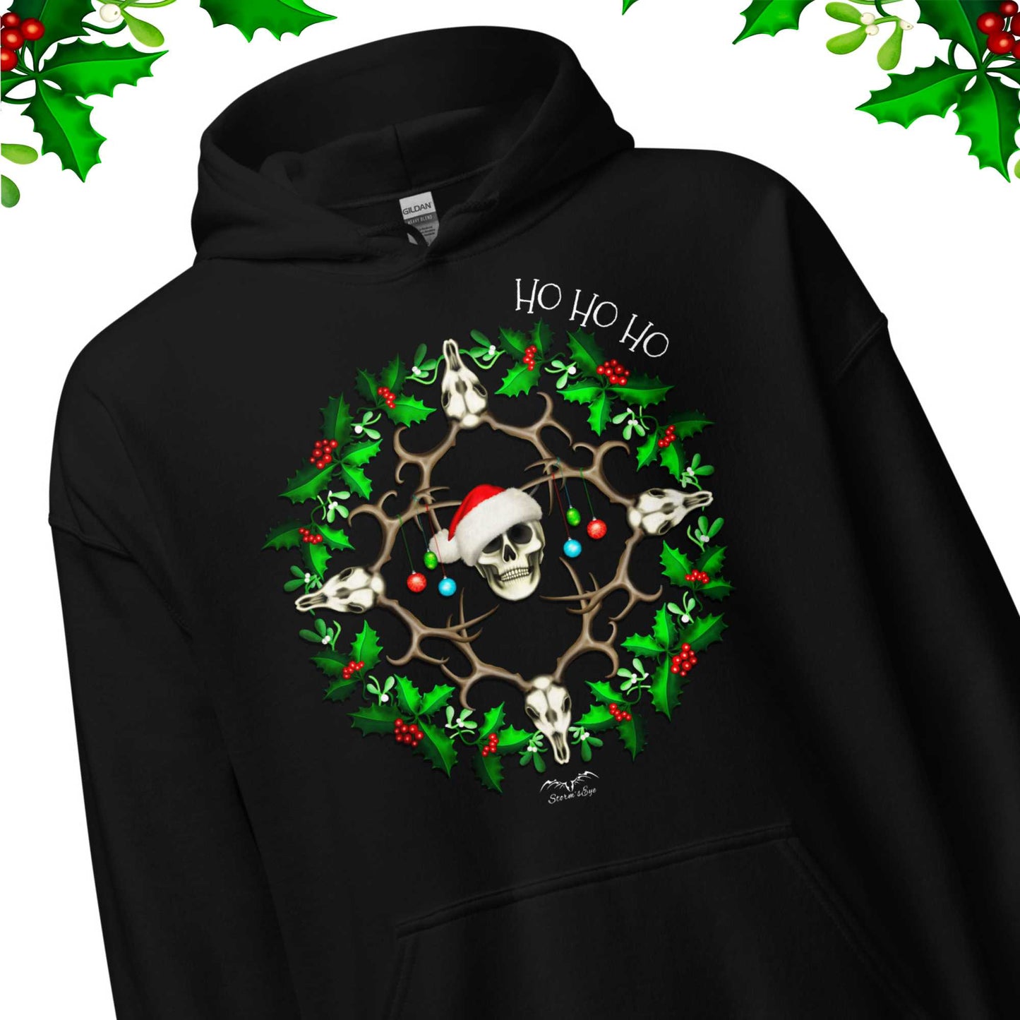 stormseye design festive skulls christmas hoodie detail view black