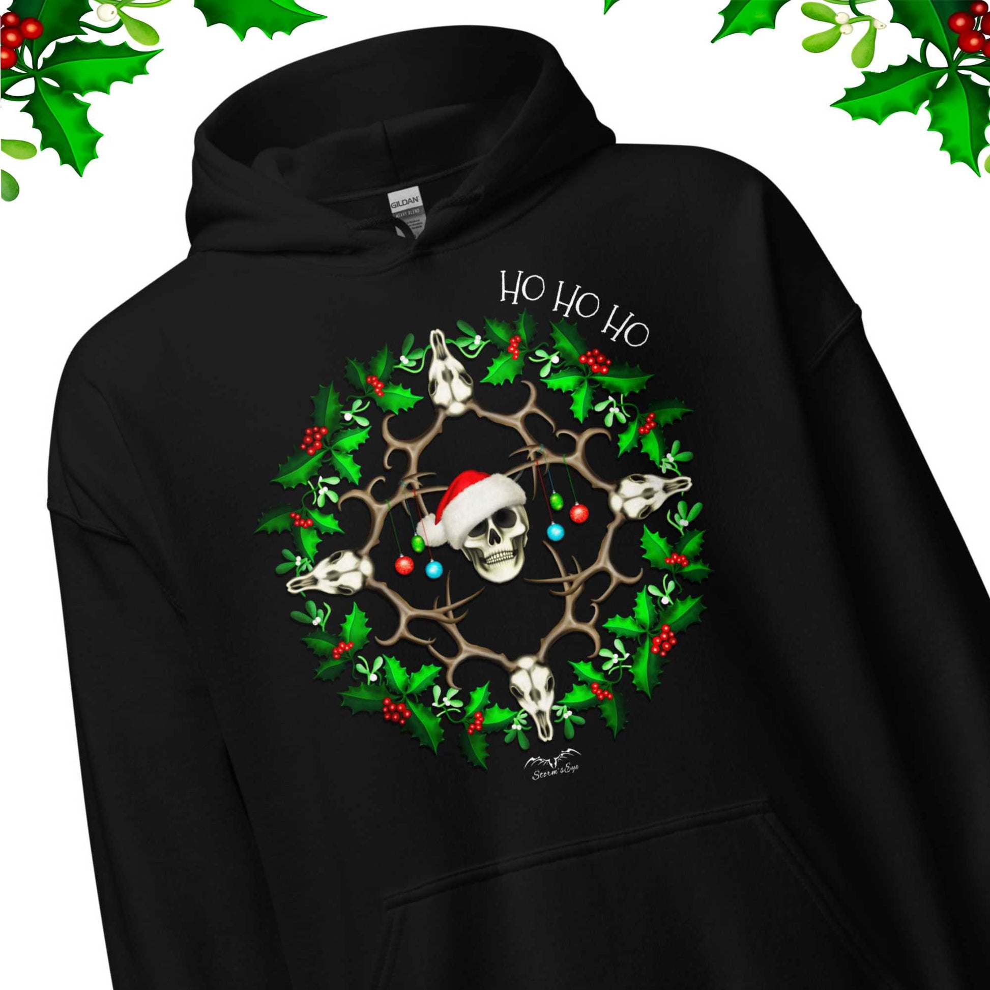 stormseye design festive skulls christmas hoodie detail view black
