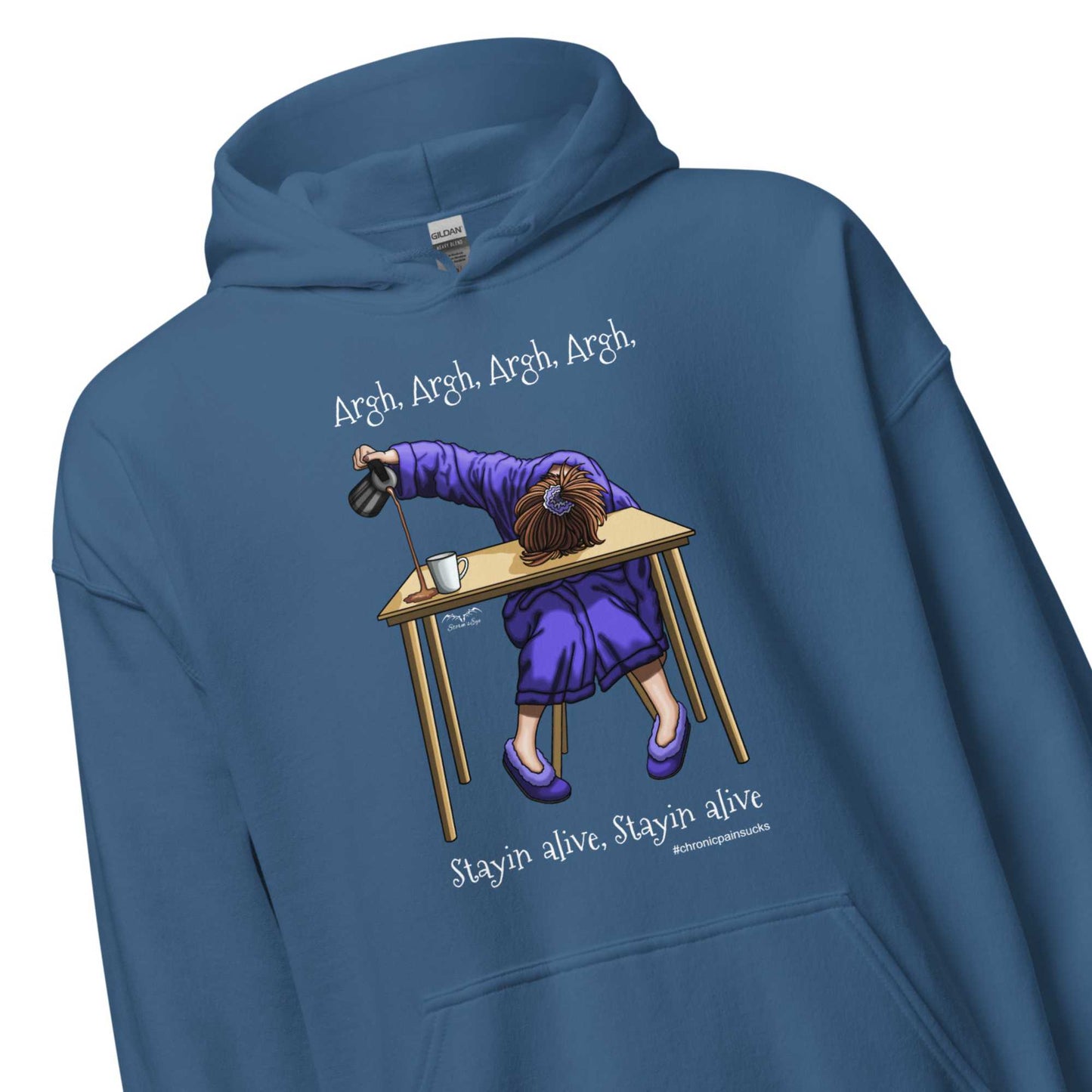 funny stayin alive chronic pain Hoodie by Stormseye Design, blue, zoom view