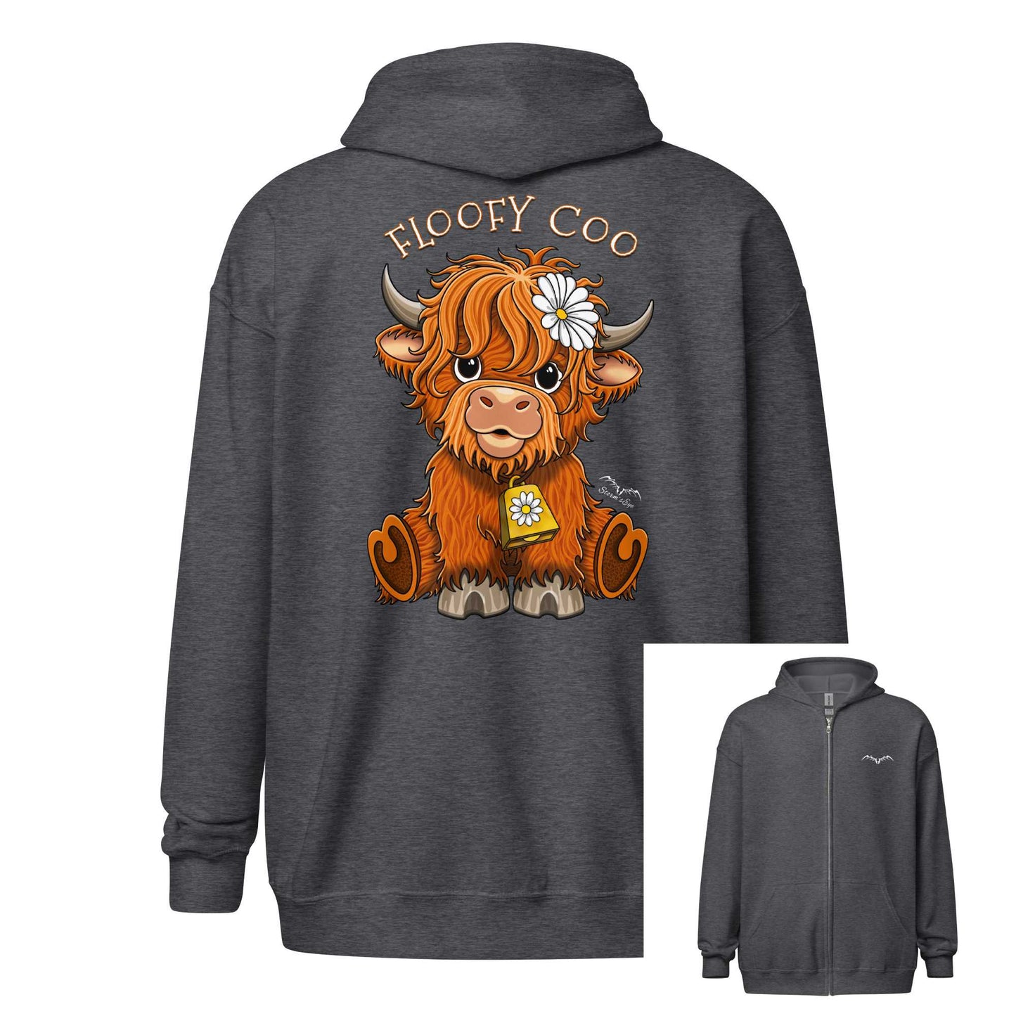 Floofy Coo Back Print Zip Hoodie | Warm Highland Cow Pullover | 7 Colours S-4XL