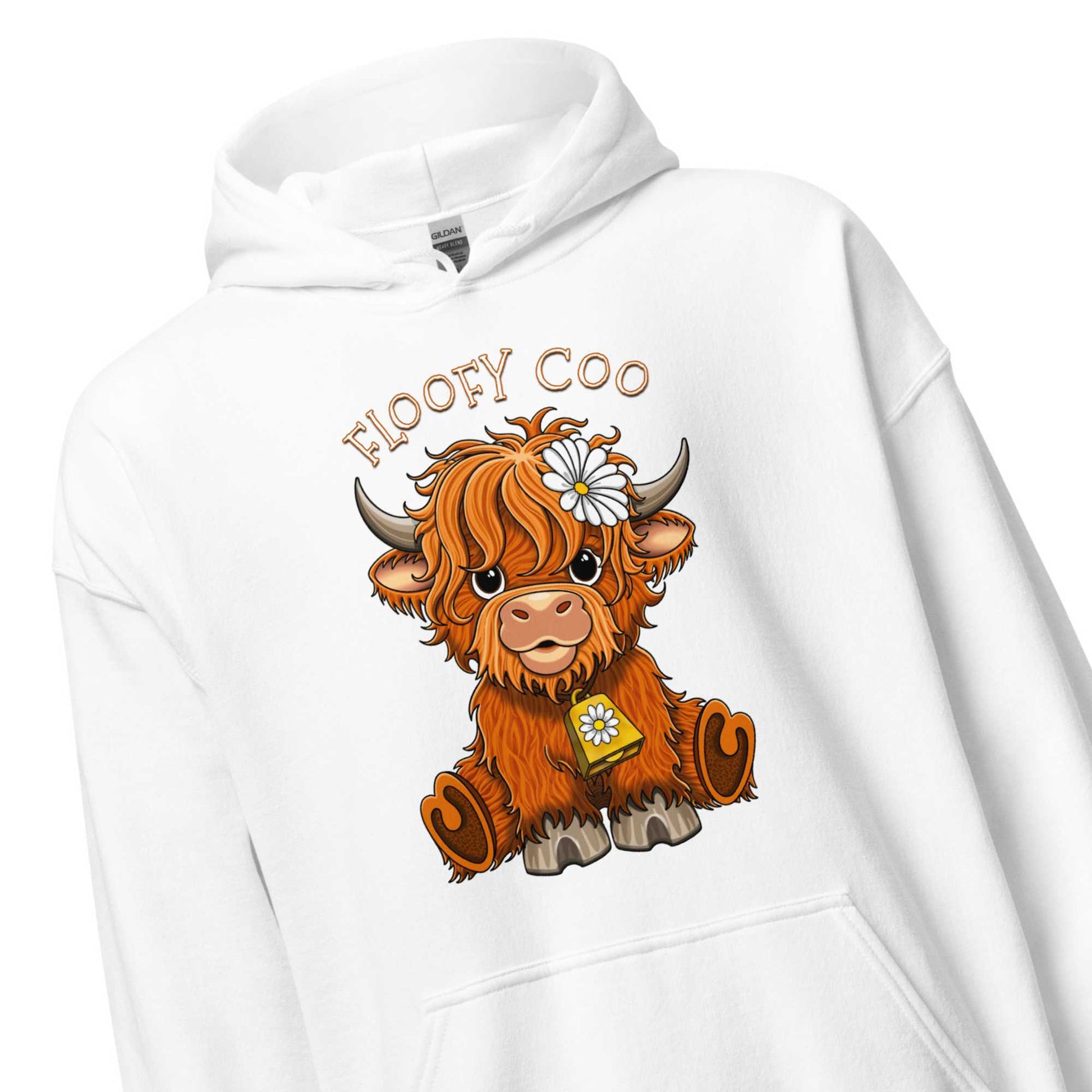 floofy coo highland cow hoodie by Stormseye Design, white, zoom view