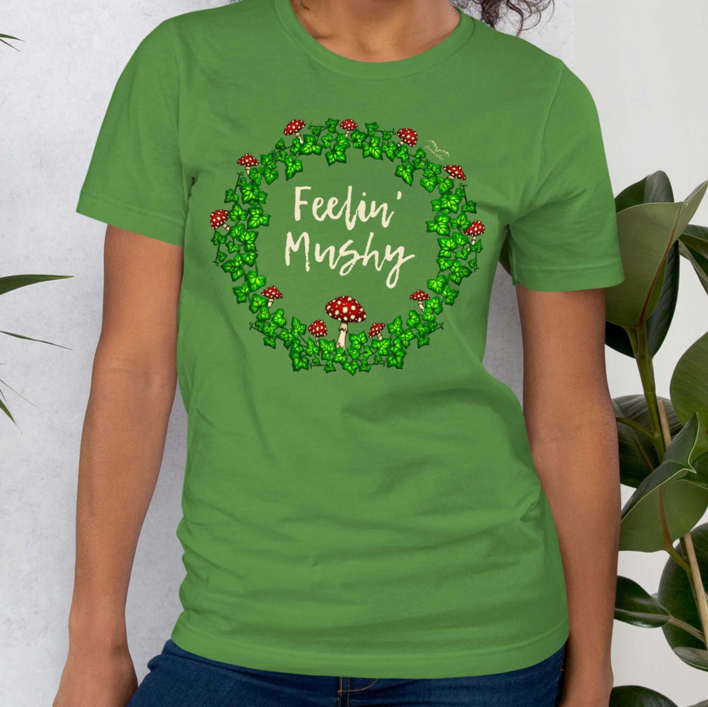 stormseye design feeling mushy mushrooms T shirt, modelled view bright green