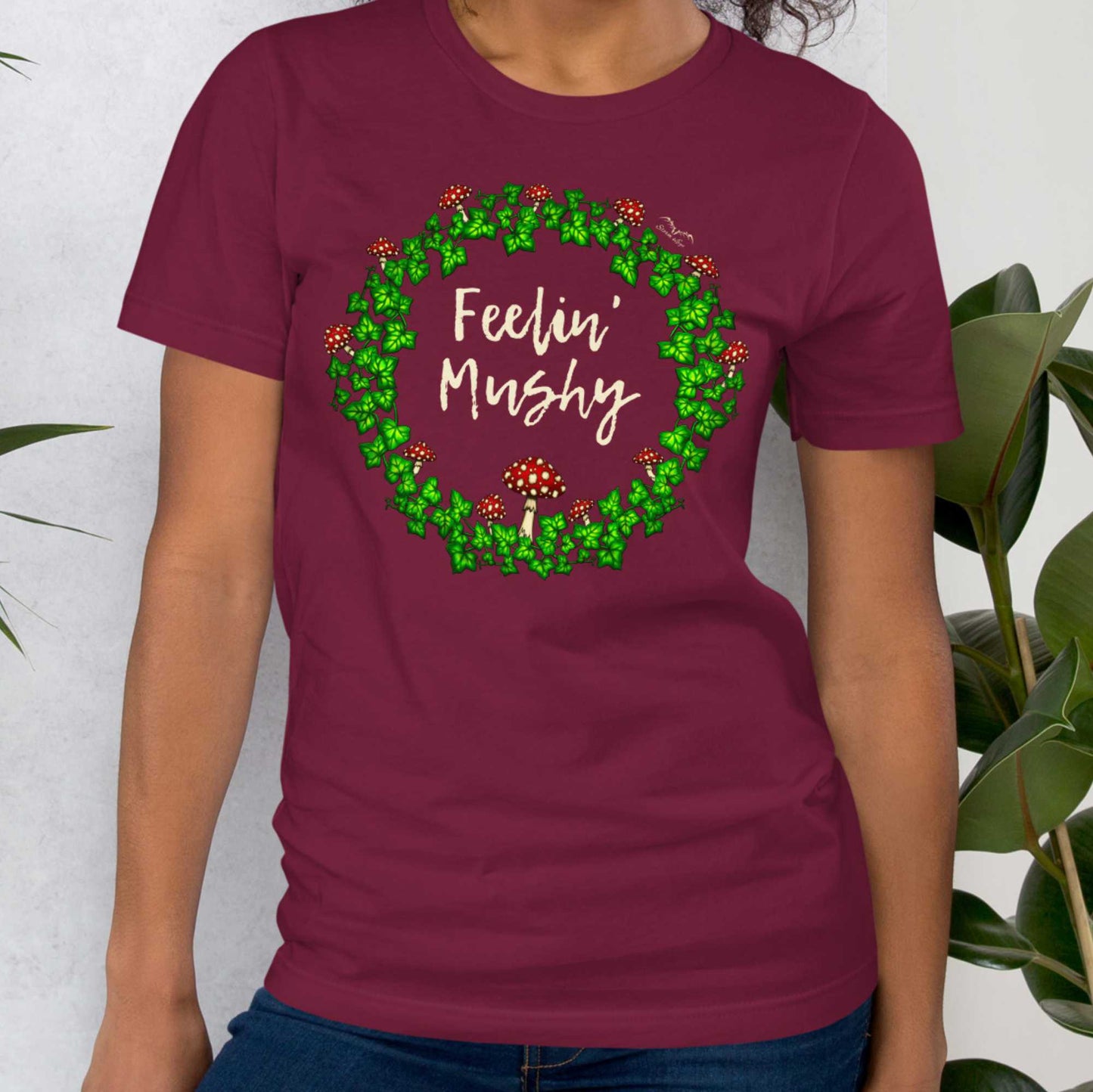 stormseye design feeling mushy mushrooms T shirt, modelled view dark red