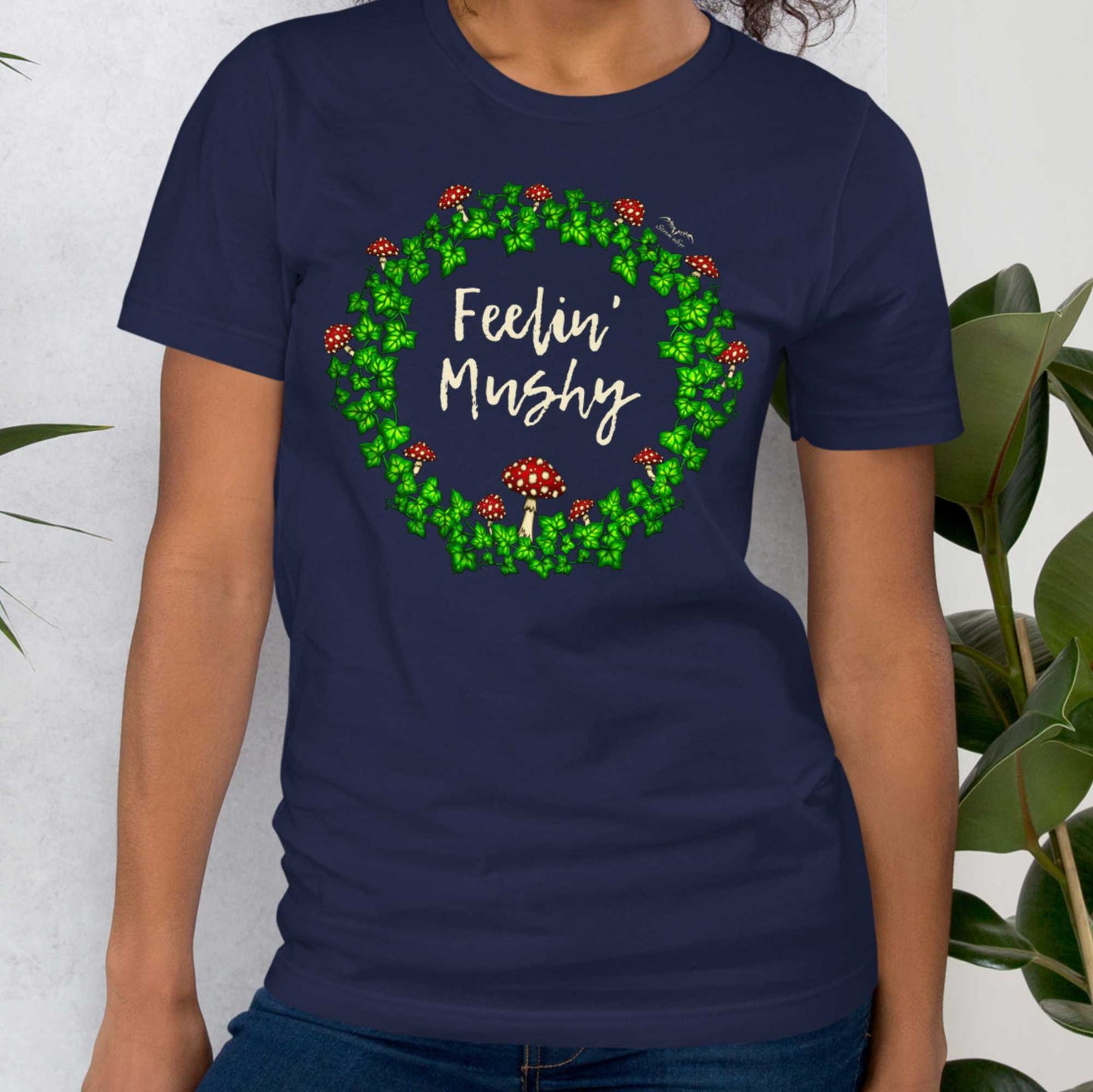 stormseye design feeling mushy mushrooms T shirt, modelled view navy blue