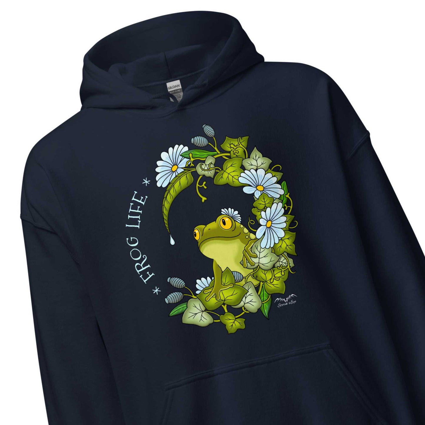 stormseye design frog life hoodie detail view navy blue