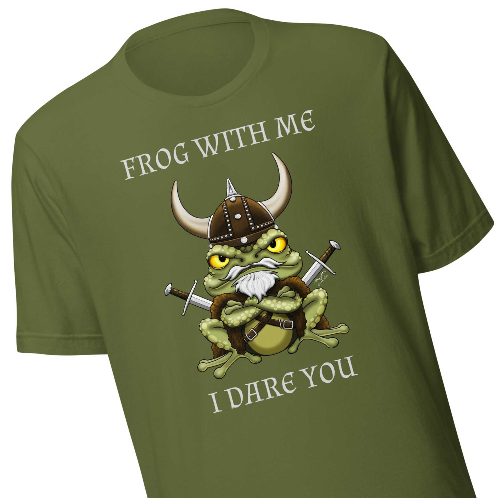stormseye design frog with me viking T shirt, detail view olive green