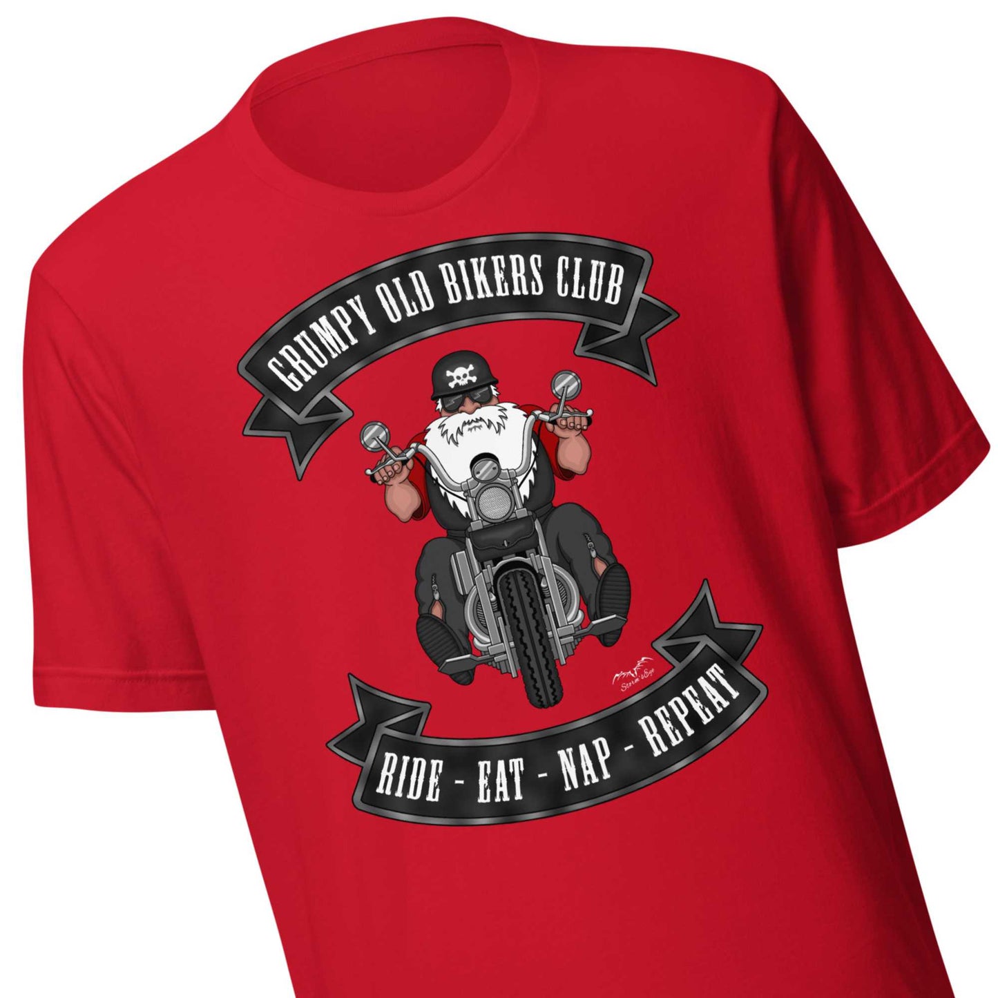 Grumpy Old Biker shirt by Stormseye, bright red, zoom view