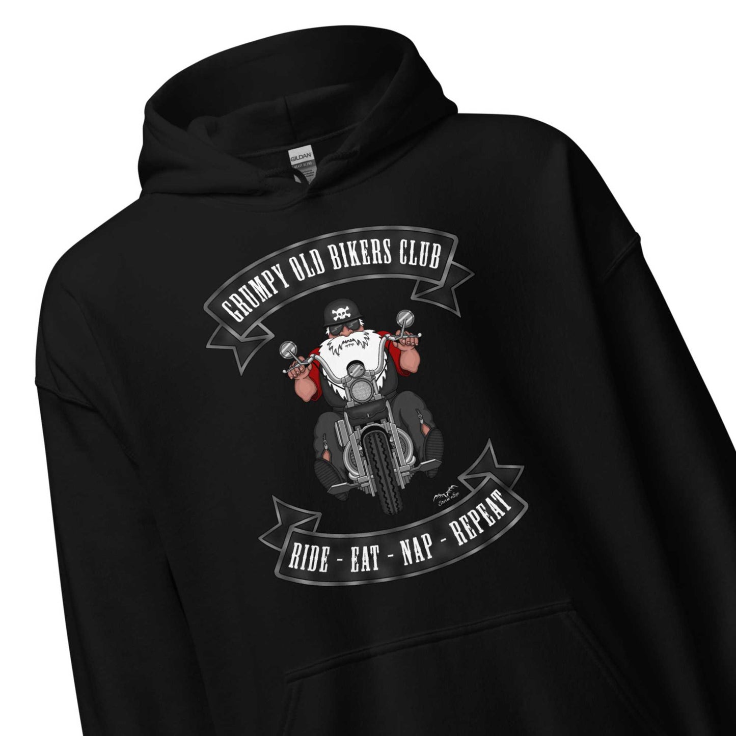 grumpy old biker hoodie by stormseye design, black, zoom view