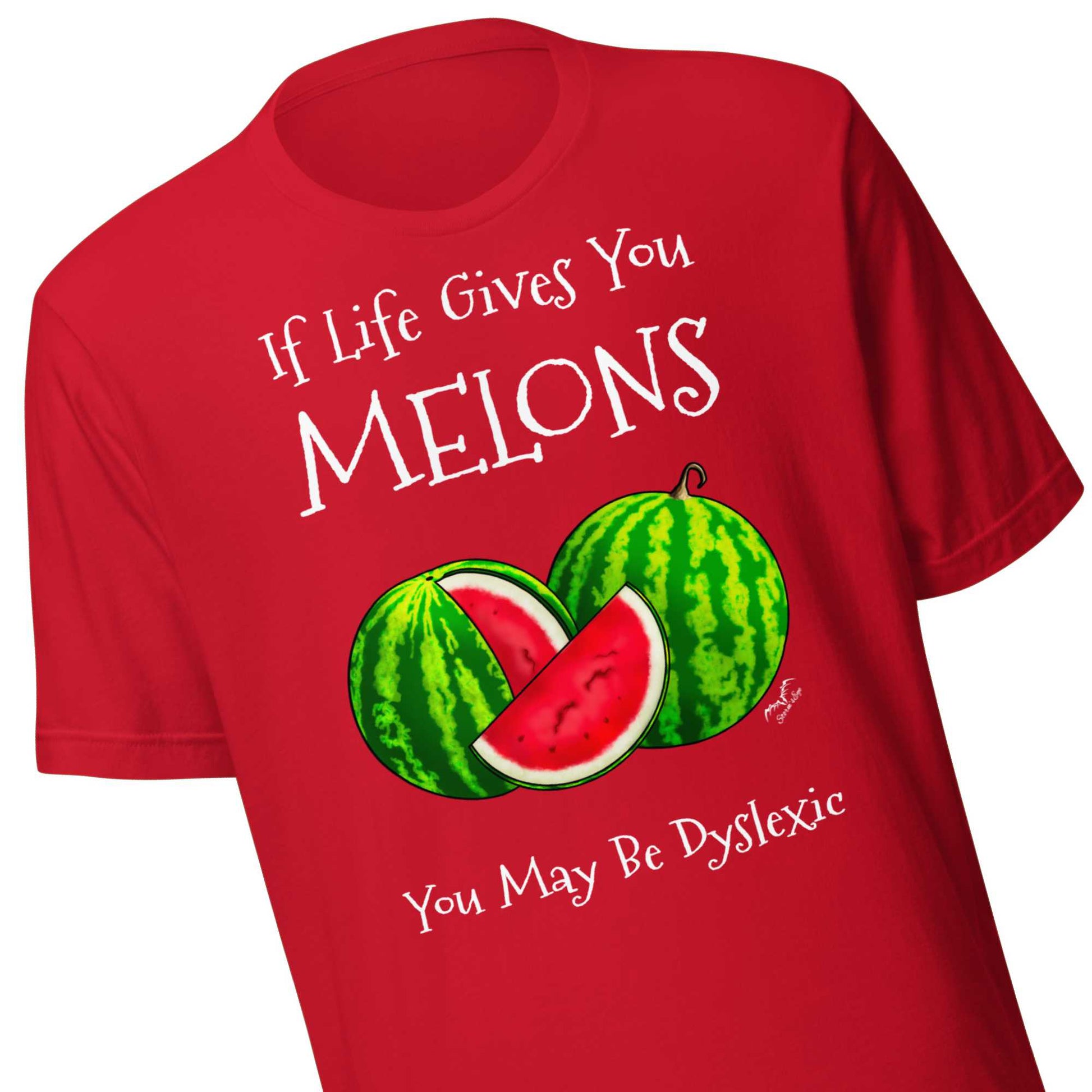 Dyslexia melons T-shirt by Stormseye, bright red, zoom view
