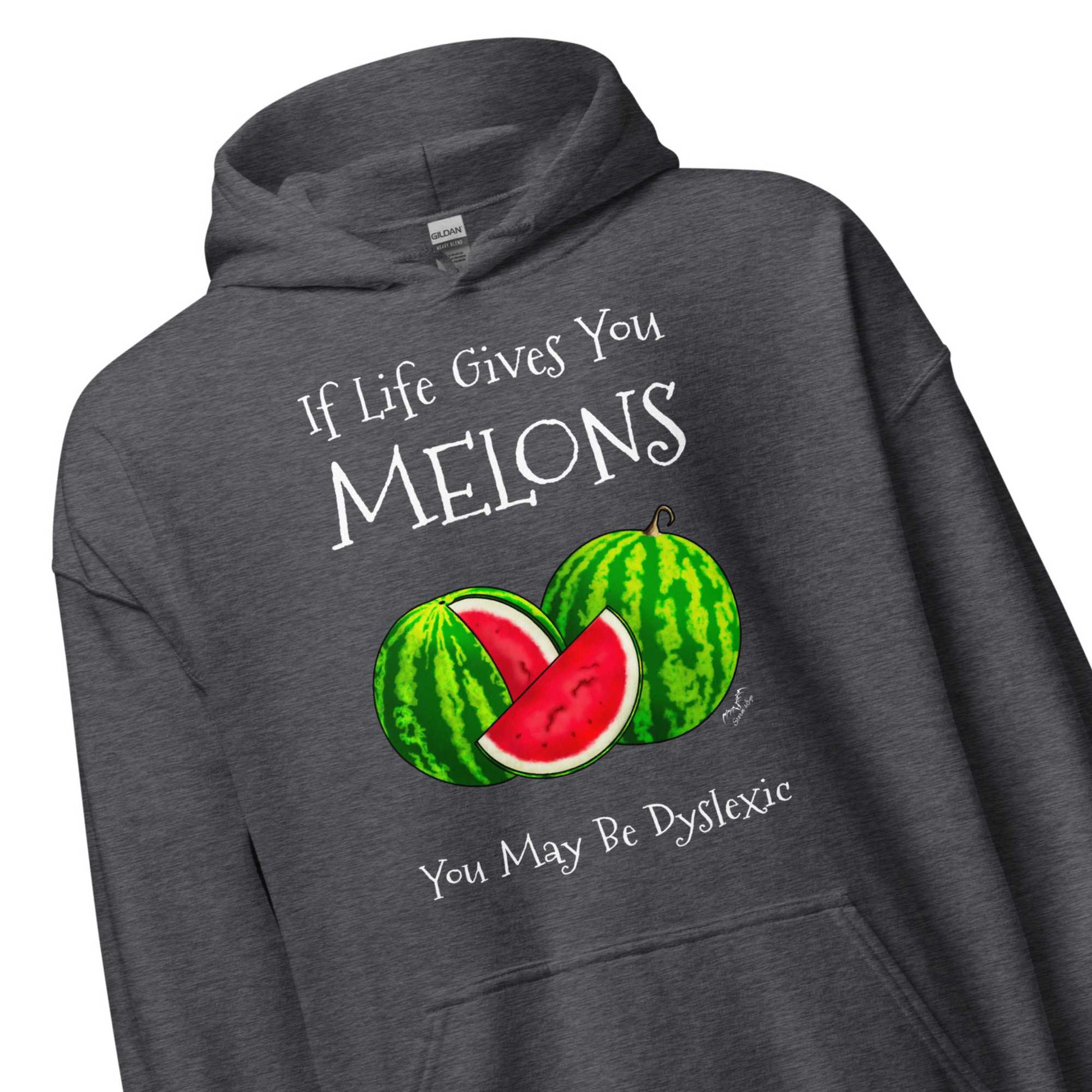 Funny Dyslexia Melons Hoodie by Stormseye Design, dark heather, zoom view